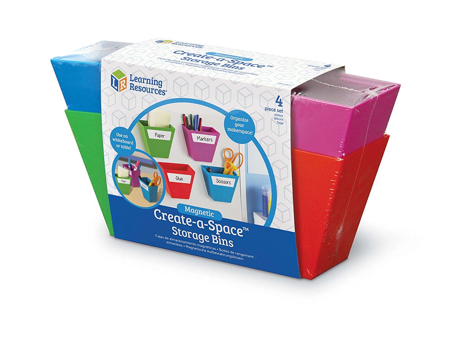 Learning Resources Magnetic Create-a-Space Storage Bins (Set of 4), Vibrant, Multi-Compartment Organizers for Classroom, Office, or Homework Station, Includes Wipe-Clean Labels (9cm x 5cm Each)
