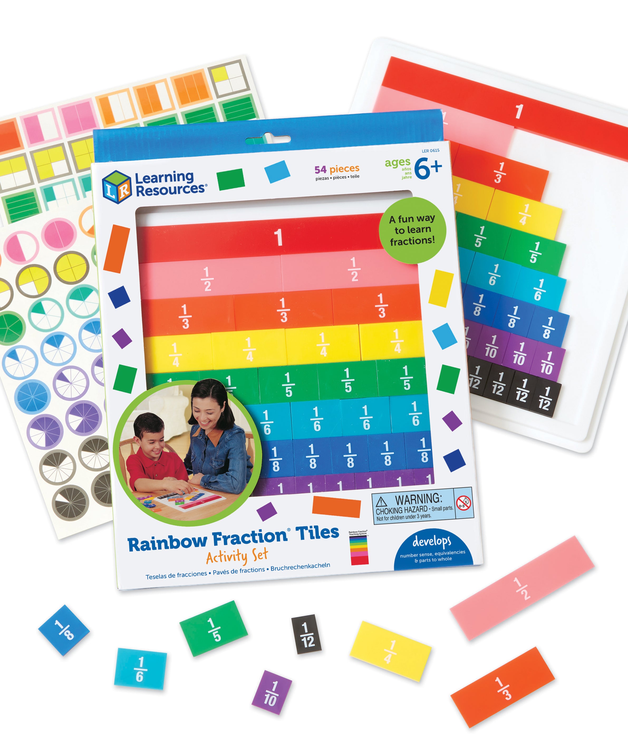 Learning Resources Rainbow Fraction Tiles with Tray, 51-Piece Colour-Coded Set, Visual and Hands-On Learning Tool for Fractions, Includes Activity Guide and Storage Tray