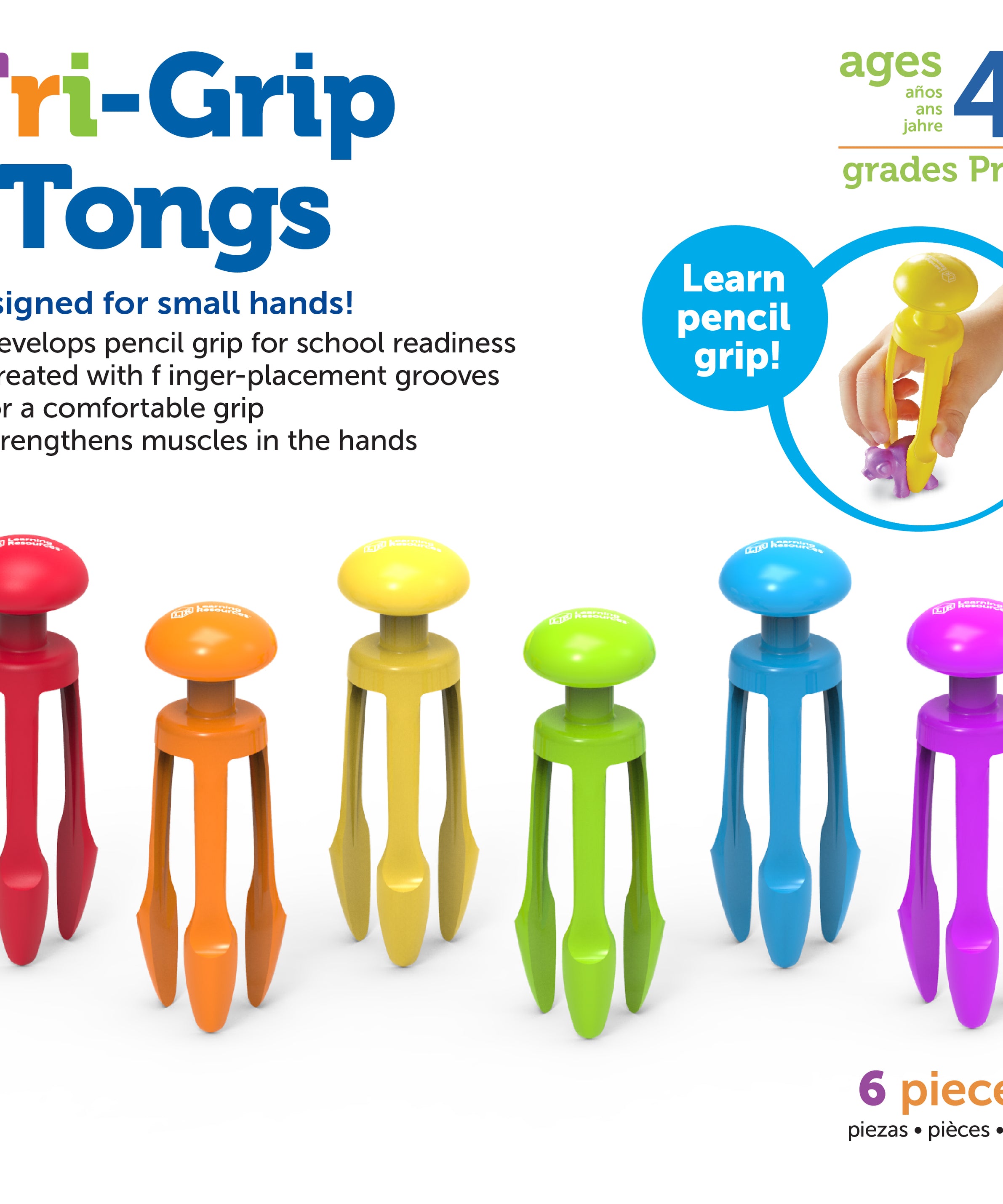 Learning Resources Tri-Grip Tongs, Set of 6, Fine Motor Skills Tool for Kids, Strengthens Pencil Grip, Includes Storage Bin, Ages 4+