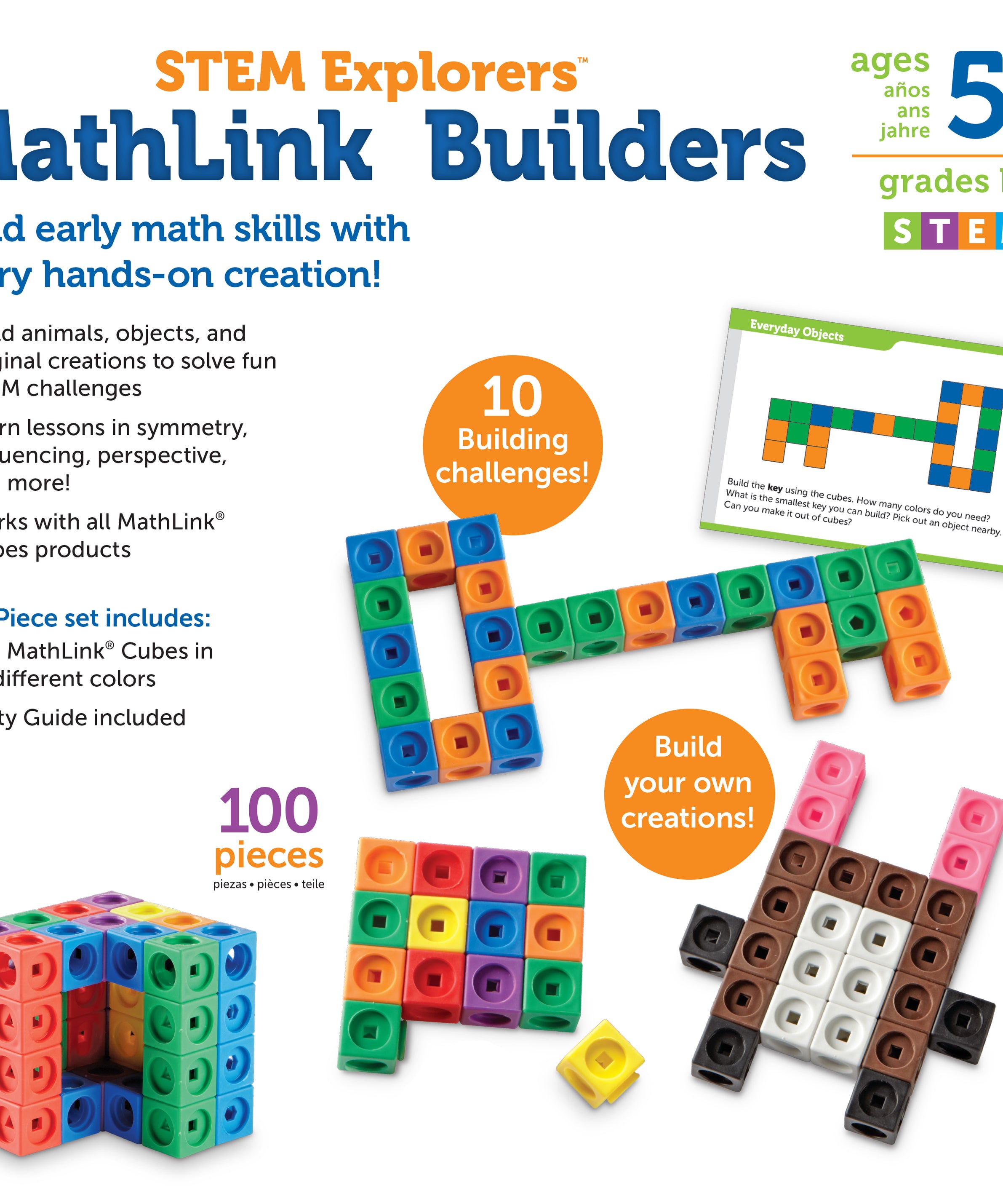 Learning Resources MathLink Cubes Educational Counting Toy, STEM Building Set with 100 Cubes and 10 Challenges, Teaches Early Math and Problem-Solving Skills, Ages 5+