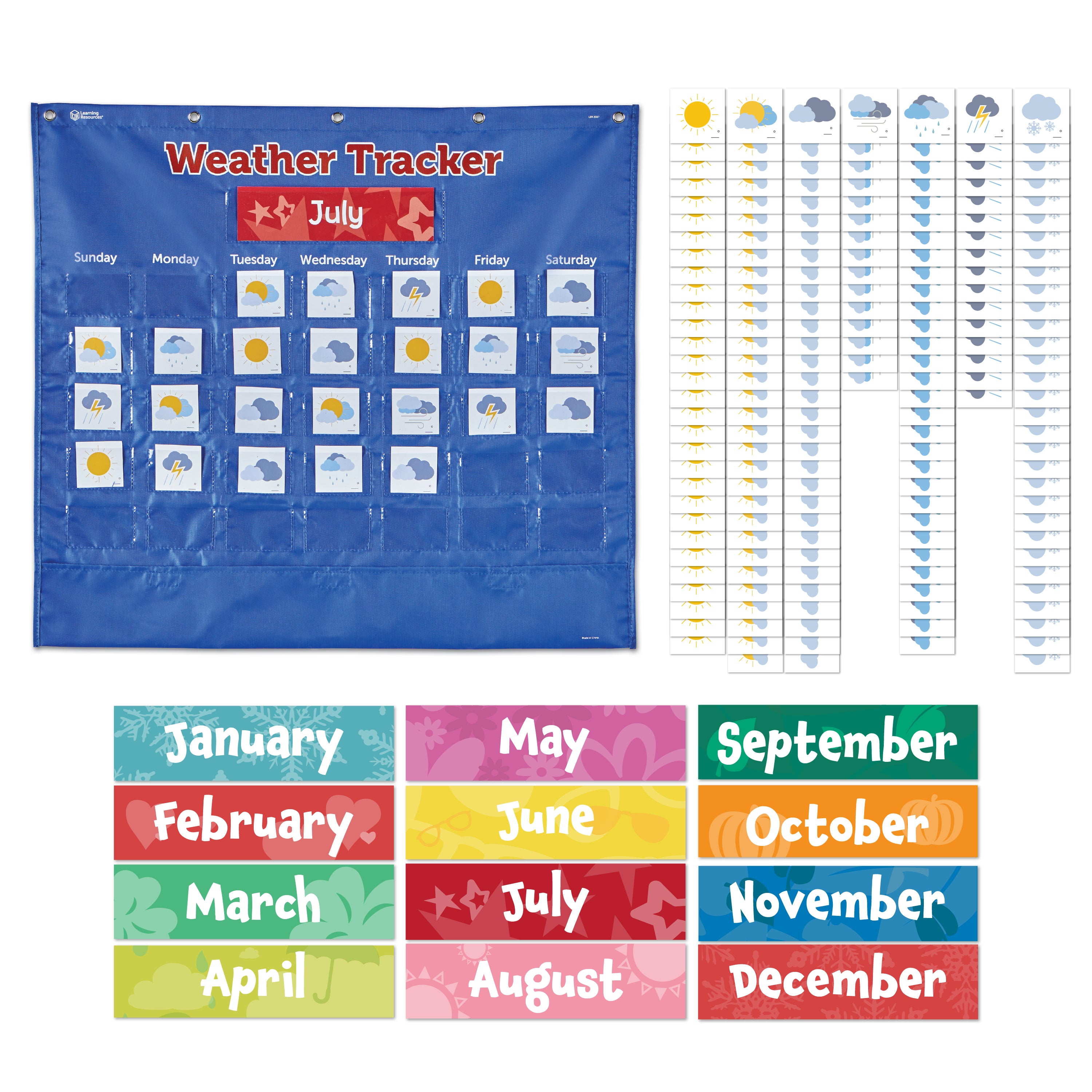 Learning Resources Interactive Weather Tracker Pocket Chart, 103-Piece Set for Daily Weather Observations and Learning