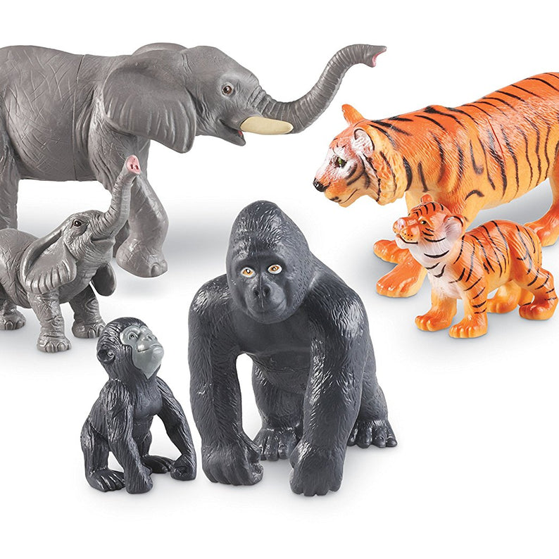 Learning Resources Jumbo Jungle Animals Mommas and Babies, 6 Piece Pretend Play Animal Set with Storage Box, Ages 2 Plus