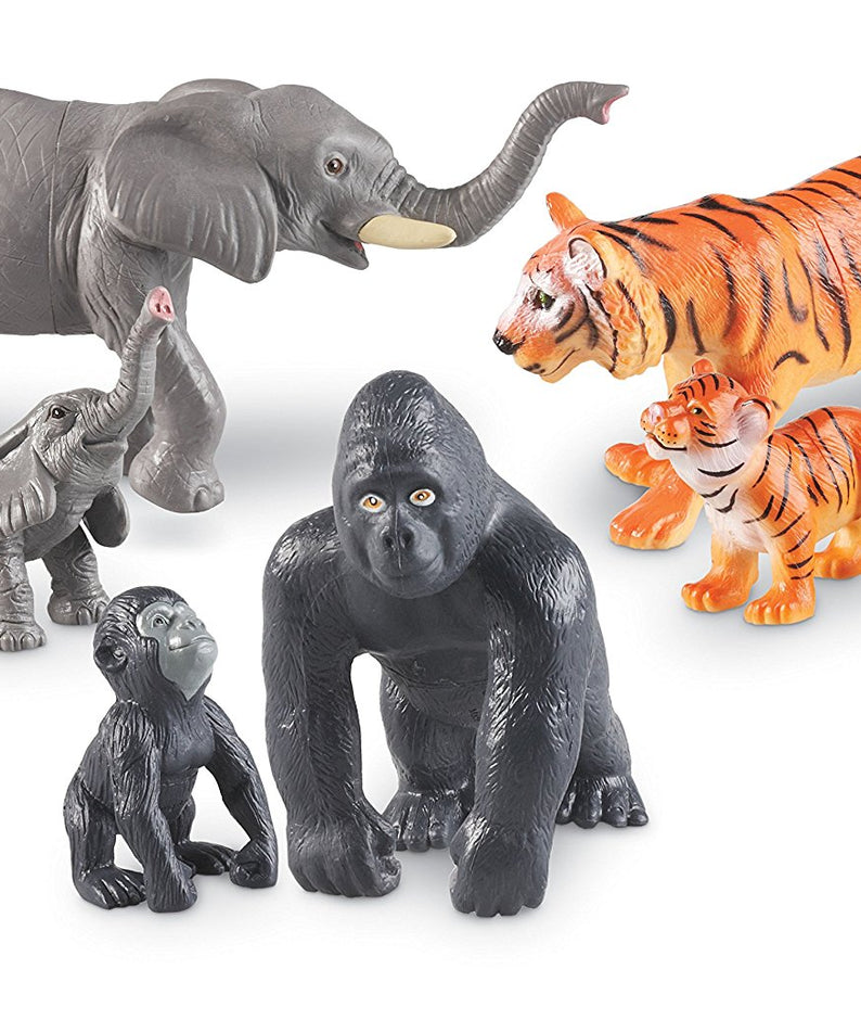 Learning Resources Jumbo Jungle Animals Mommas and Babies, 6 Piece Pretend Play Animal Set with Storage Box, Ages 2 Plus