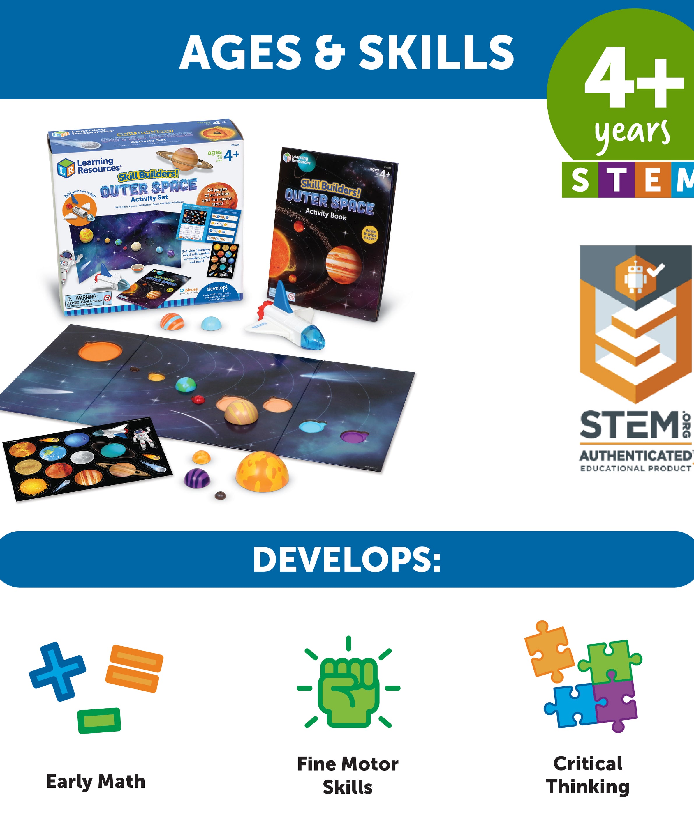 Learning Resources Skill Builders Outer Space, Preschool Space Activity Set with 3D Rocket, Puzzle, and Write and Wipe Activity Book, Ages 4 Plus