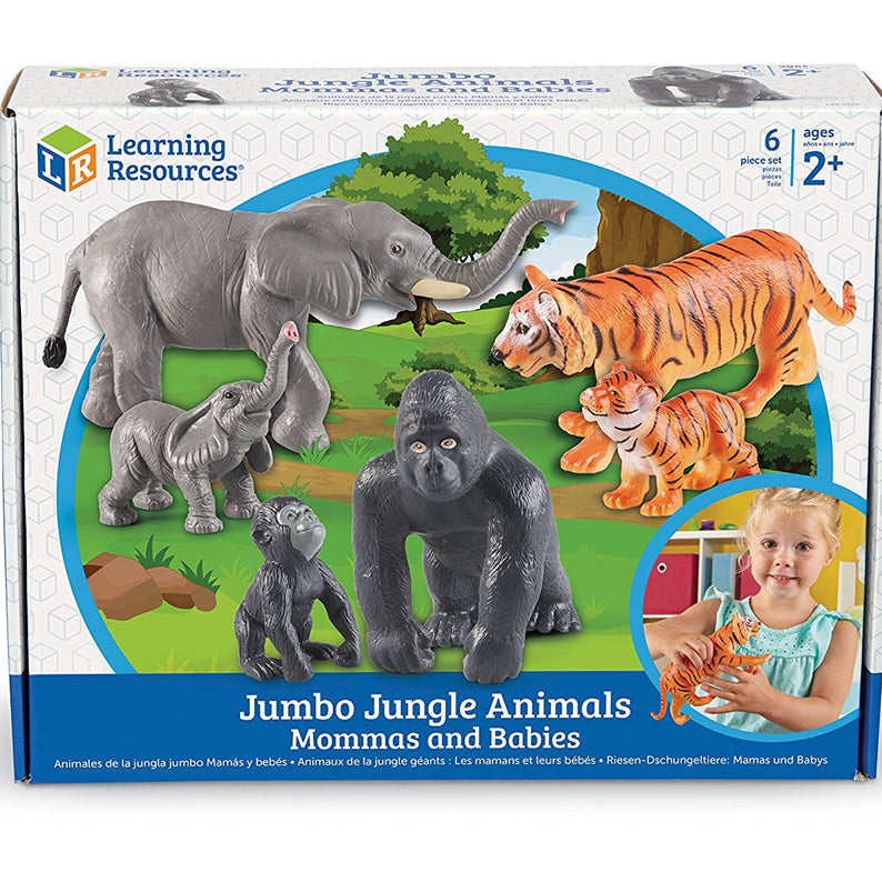 Learning Resources Jumbo Jungle Animals Mommas and Babies, 6 Piece Pretend Play Animal Set with Storage Box, Ages 2 Plus