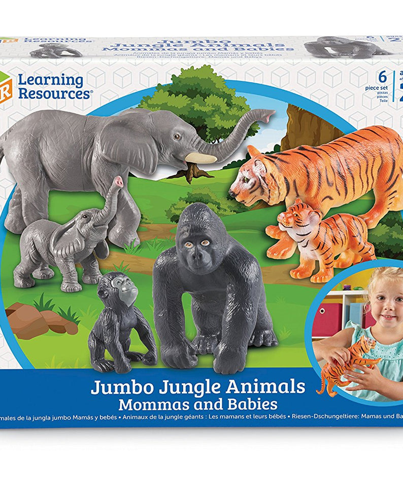 Learning Resources Jumbo Jungle Animals Mommas and Babies, 6 Piece Pretend Play Animal Set with Storage Box, Ages 2 Plus