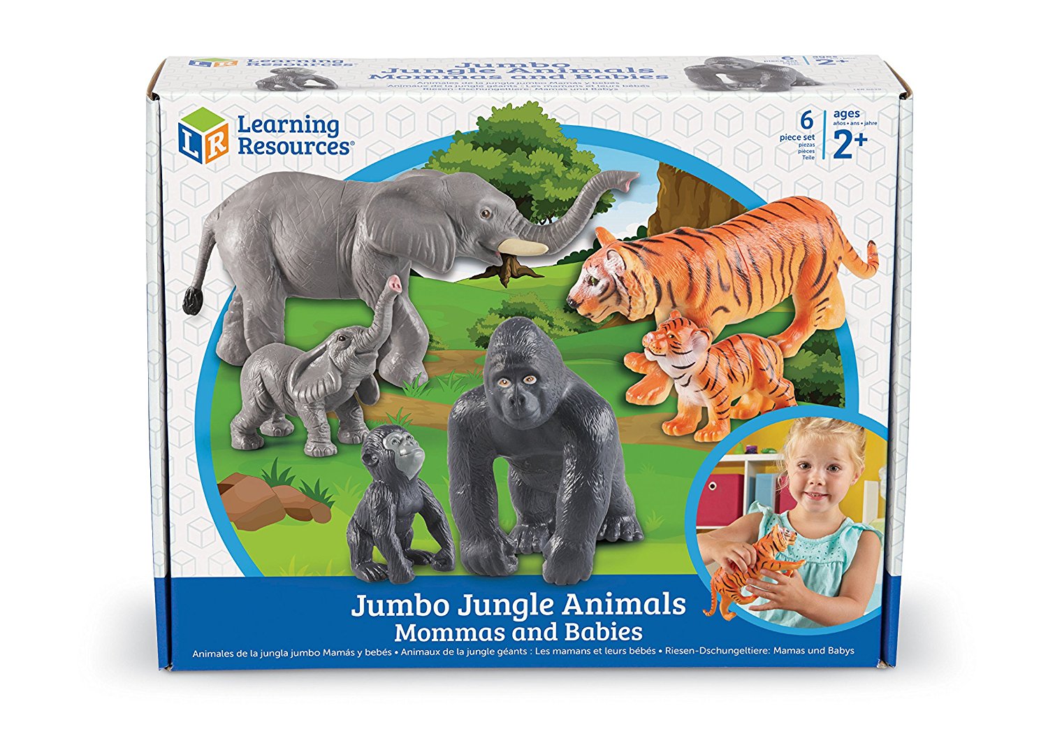 Learning Resources Jumbo Jungle Animals Mommas and Babies, 6 Piece Pretend Play Animal Set with Storage Box, Ages 2 Plus