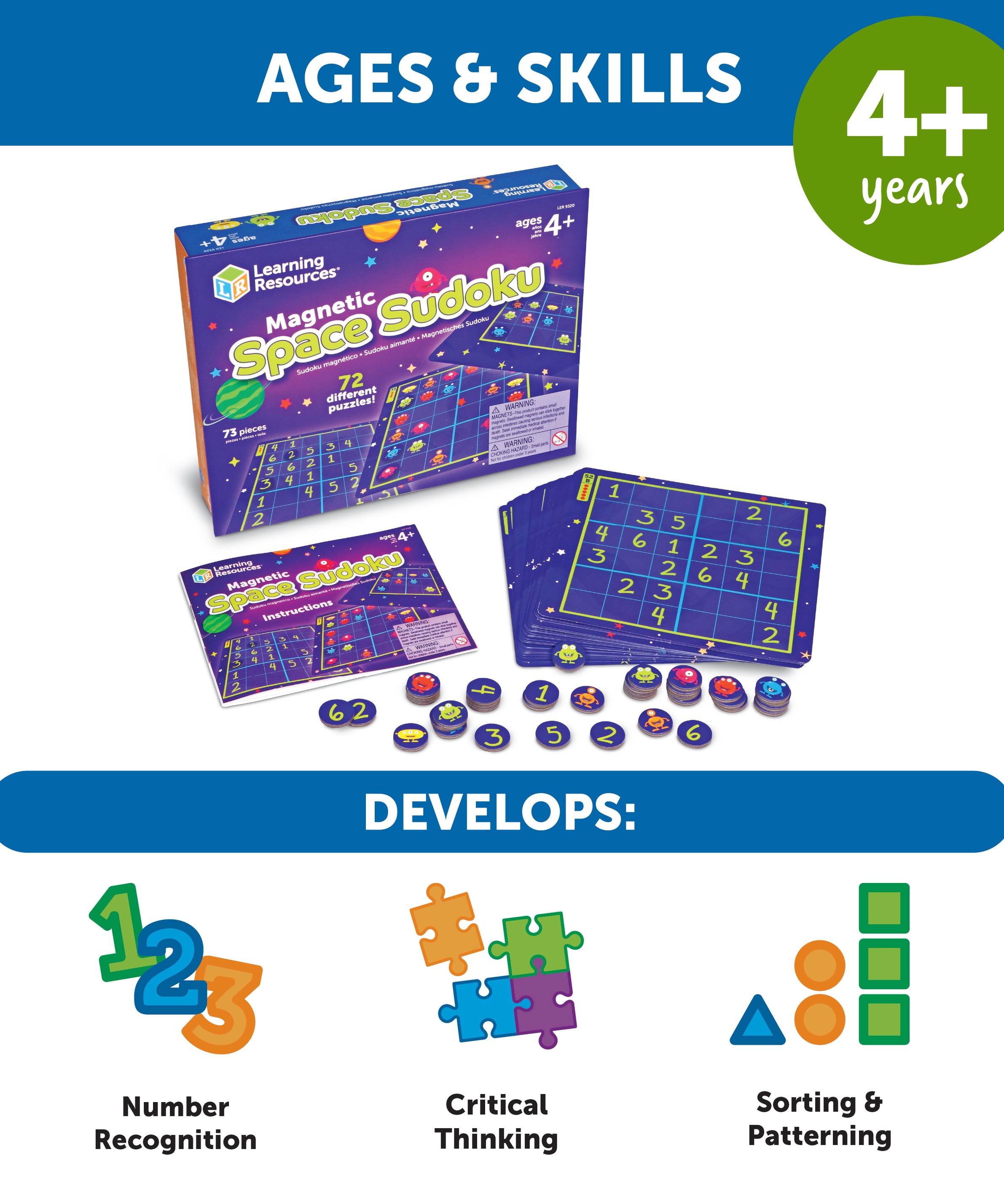 Learning Resources Magnetic Space Sudoku, 72 Puzzles, Magnetic Board and Pieces, Logic and Critical Thinking Game, Ages 4+, Travel-Friendly