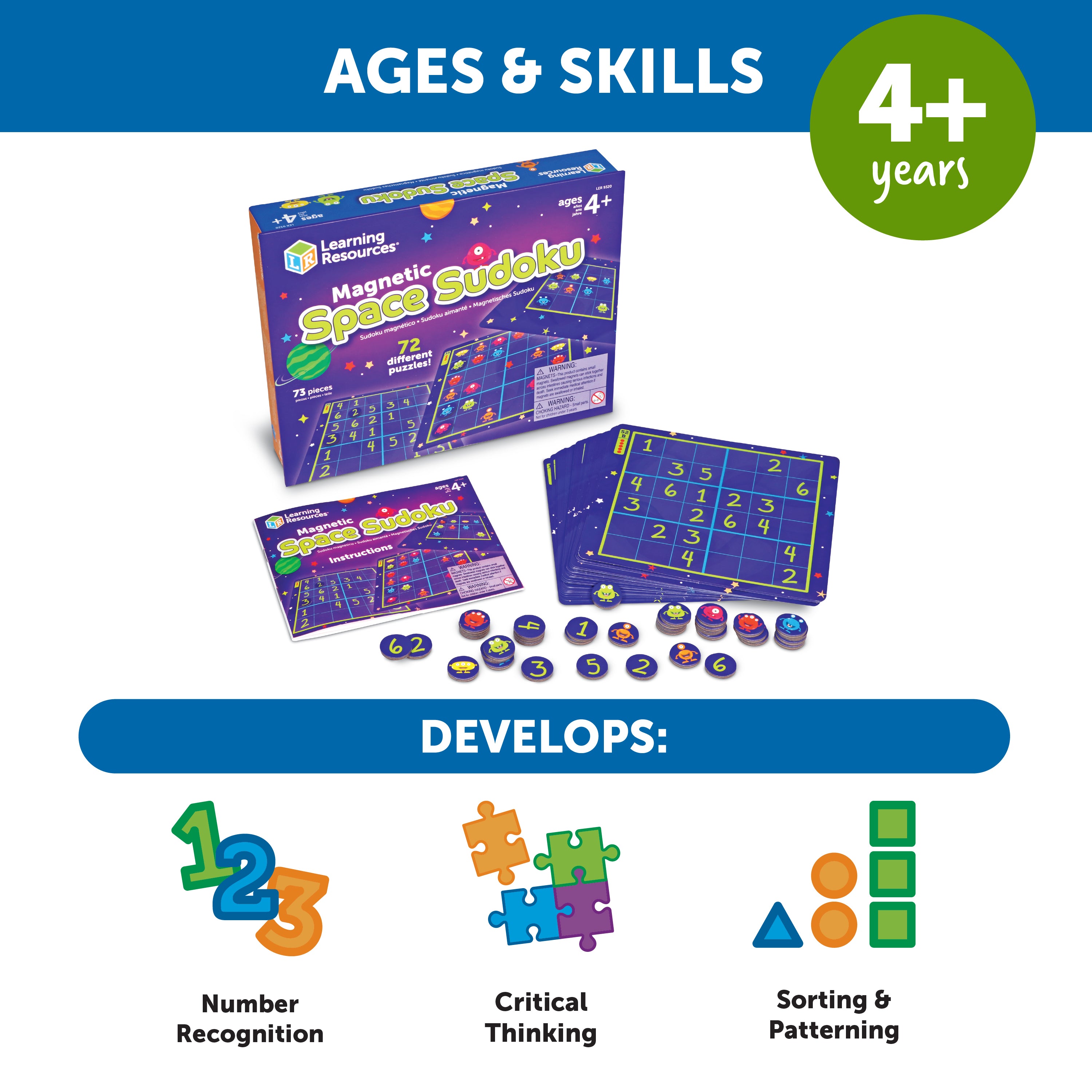 Learning Resources Magnetic Space Sudoku, 72 Puzzles, Magnetic Board and Pieces, Logic and Critical Thinking Game, Ages 4+, Travel-Friendly