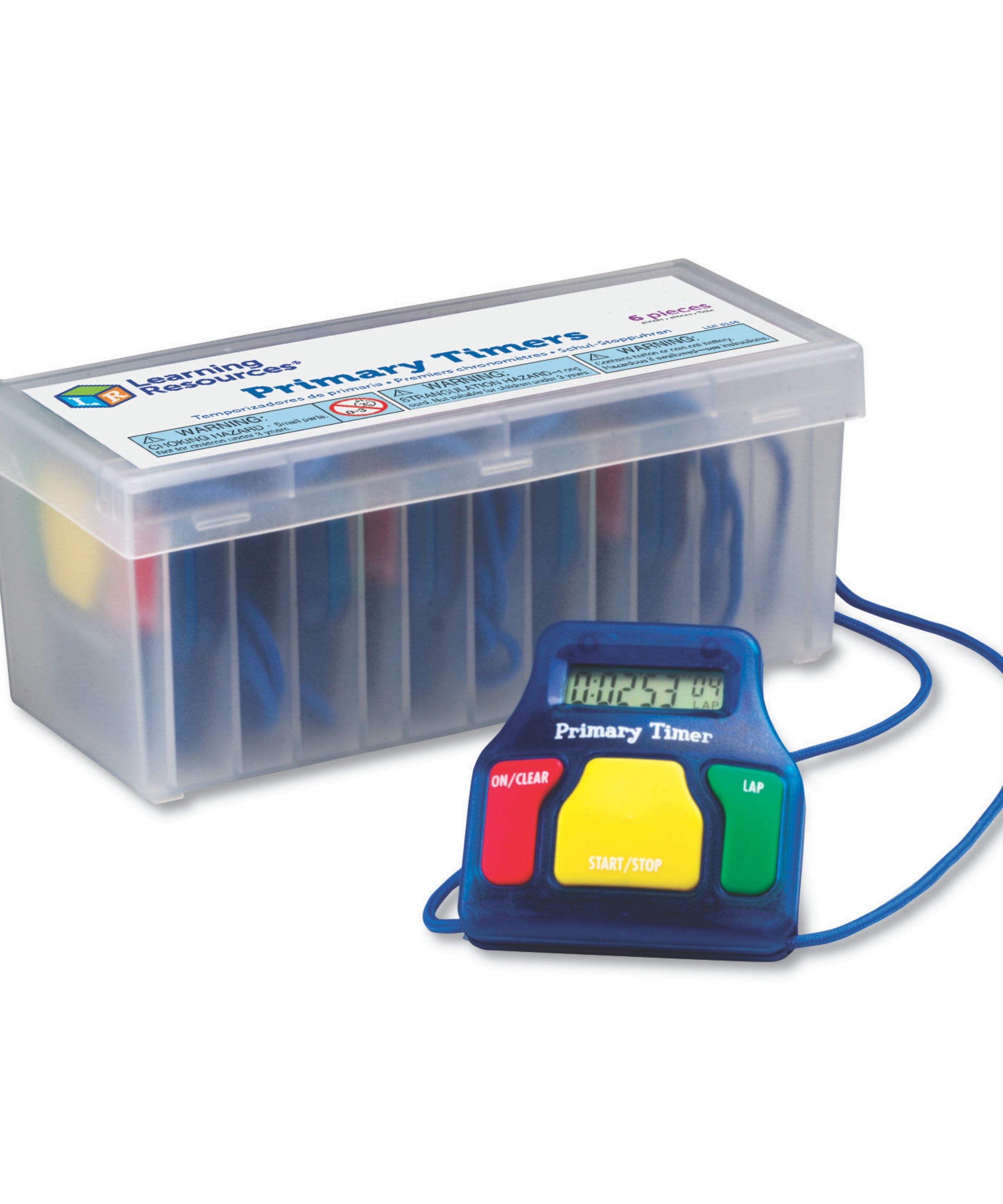 Learning Resources Primary Timers (Set of 6), Easy-to-Use Stopwatch with Lap Function, Includes Safety Release Lanyard and Storage Case, 1.5V Button-Cell Battery Included, For Ages 3+