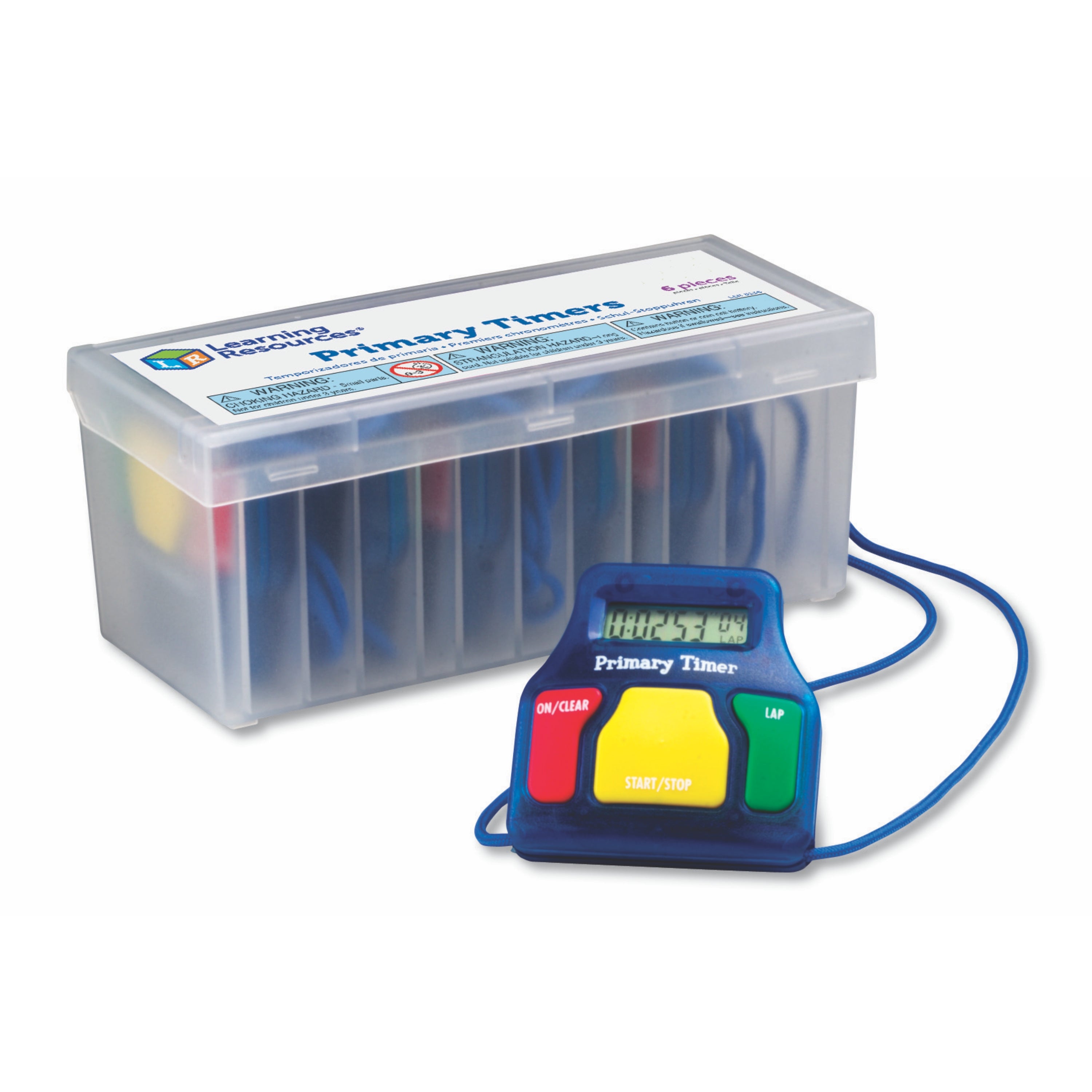 Learning Resources Primary Timers (Set of 6), Easy-to-Use Stopwatch with Lap Function, Includes Safety Release Lanyard and Storage Case, 1.5V Button-Cell Battery Included, For Ages 3+