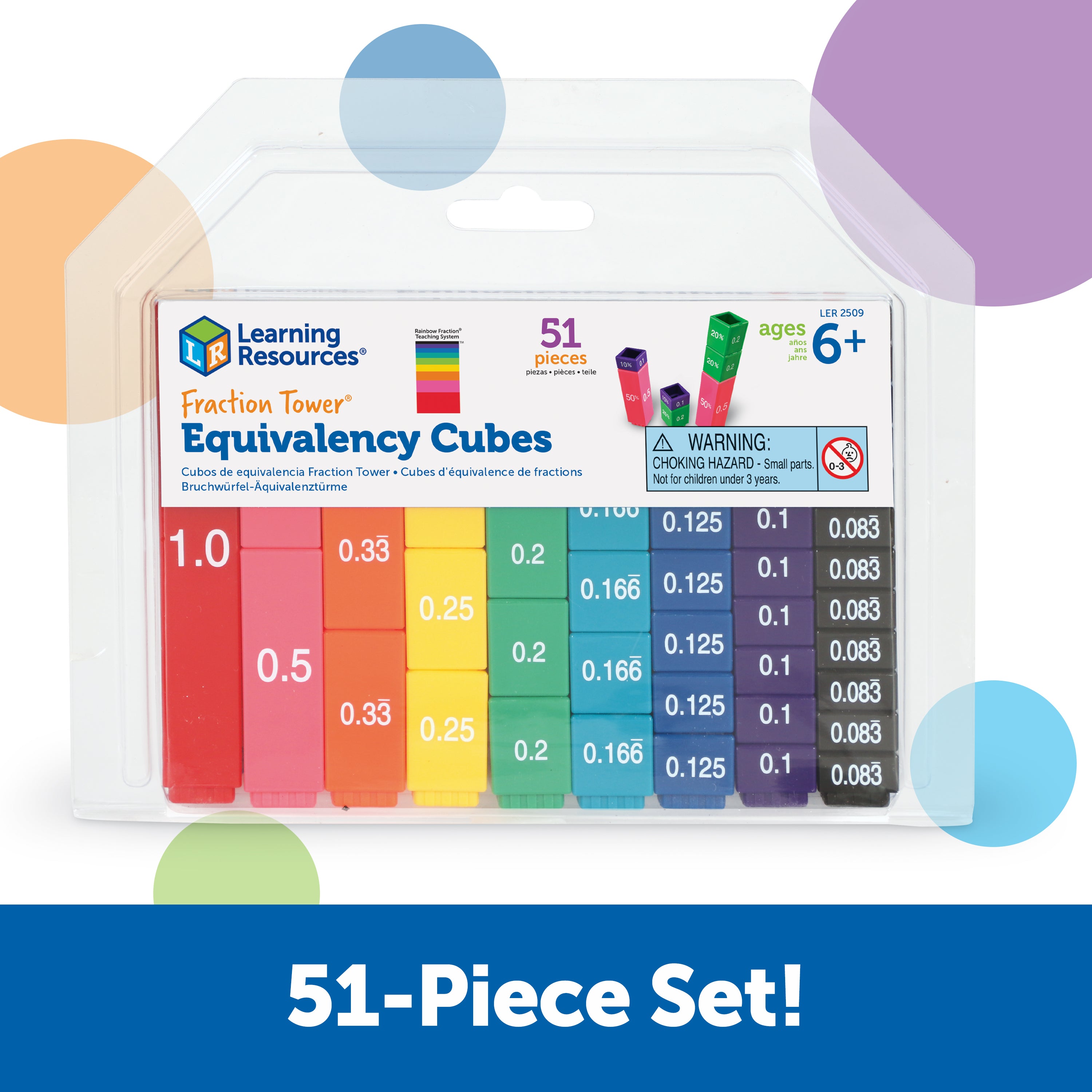 Learning Resources Fraction Tower Equivalency Cubes, Colour-Coded Maths Manipulative Set, 51 Interlocking Pieces for Visualising Fractions and Equivalencies