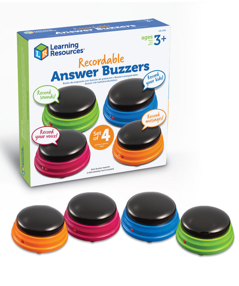 Learning Resources Recordable Answer Buzzers (Set of 4), Personalizable Light-Up Buzzers for Classroom, Family Games, Trivia Nights, and More (Ages 3+)