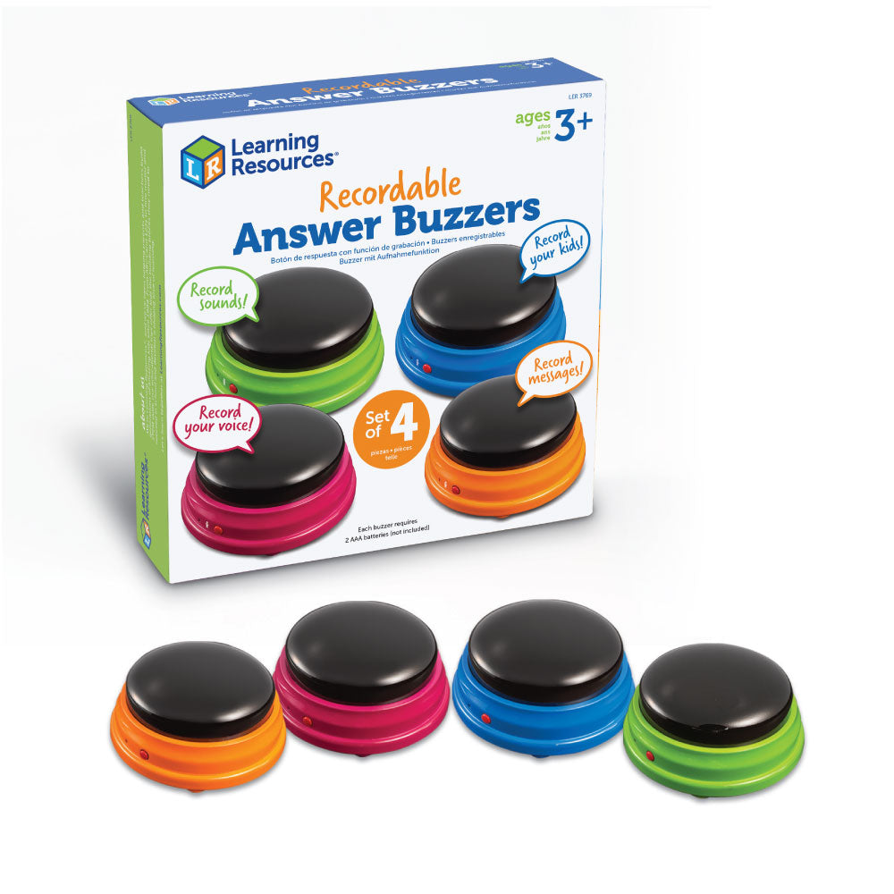 Learning Resources Recordable Answer Buzzers (Set of 4), Personalizable Light-Up Buzzers for Classroom, Family Games, Trivia Nights, and More (Ages 3+)