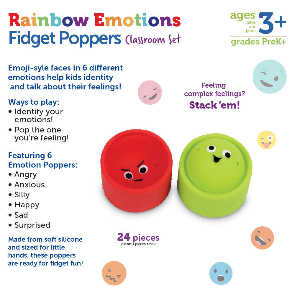 Learning Resources Rainbow Emotions Fidget Poppers, Set of 24 Stackable Sensory Poppers with Emotion Faces, Includes Storage Tub, Ages 3 Plus