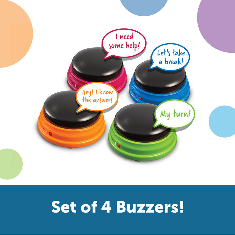 Learning Resources Recordable Answer Buzzers (Set of 4), Personalizable Light-Up Buzzers for Classroom, Family Games, Trivia Nights, and More (Ages 3+)