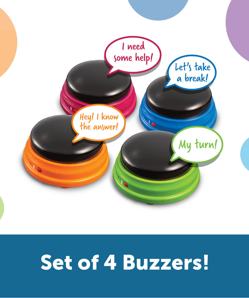 Learning Resources Recordable Answer Buzzers (Set of 4), Personalizable Light-Up Buzzers for Classroom, Family Games, Trivia Nights, and More (Ages 3+)