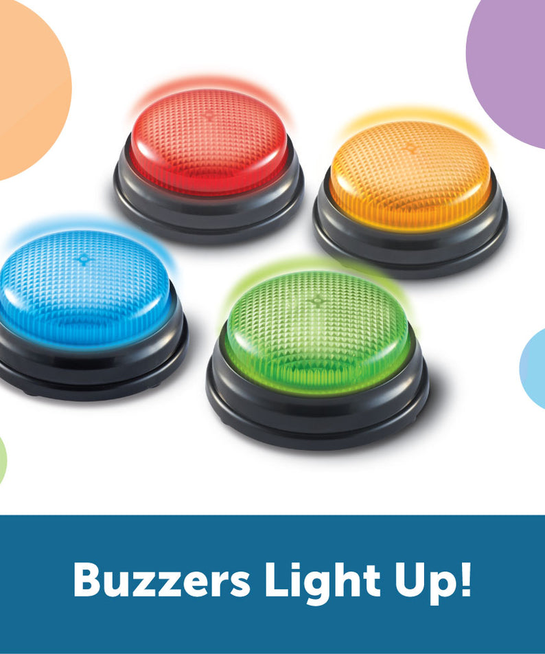 Learning Resources Lights & Sounds Answer Buzzers (Set of 4), Light-Up Game Show Style Buzzers with 4 Distinct Sounds for Classroom, Trivia, and Family Fun (Ages 3+)