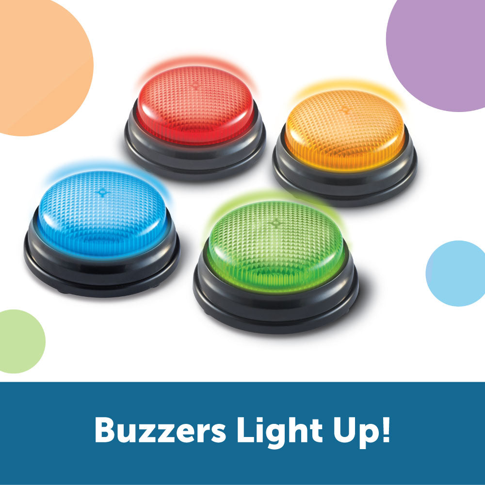 Learning Resources Lights & Sounds Answer Buzzers (Set of 4), Light-Up Game Show Style Buzzers with 4 Distinct Sounds for Classroom, Trivia, and Family Fun (Ages 3+)
