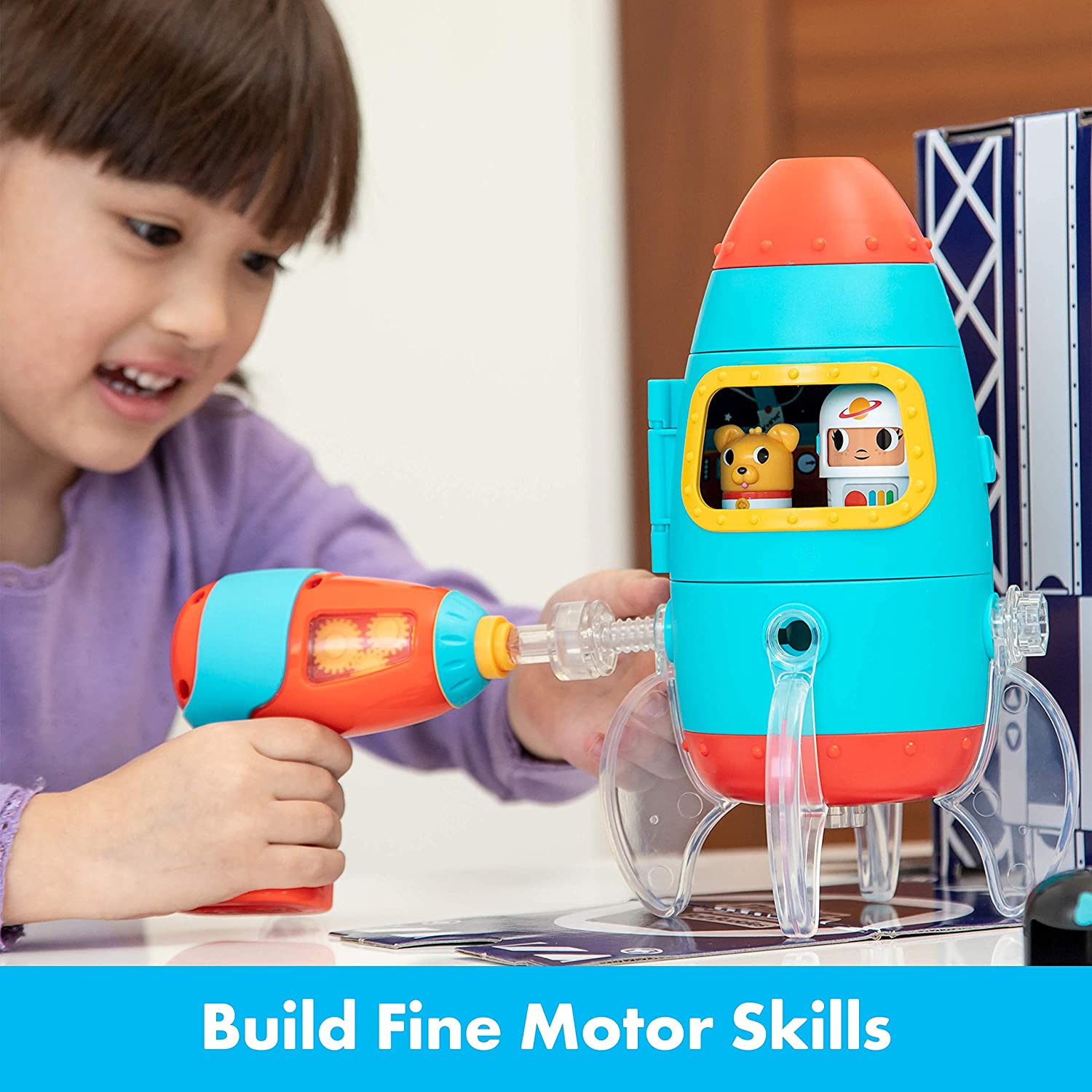 Learning Resources Design & Drill® Bolt Buddies® Rocket, Construction Toy with Kid-Safe Power Drill, Ages 3+