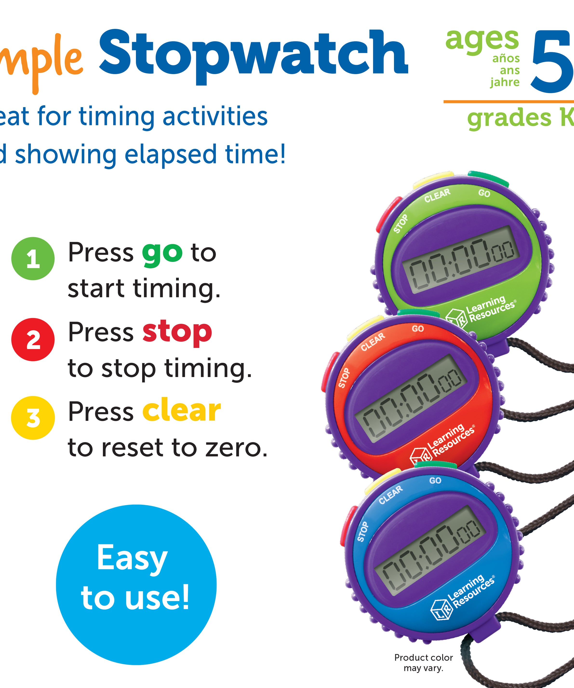Learning Resources Simple Stopwatch, Easy-to-Use Timer for Kids with Large Digital Display (Ages 5+)