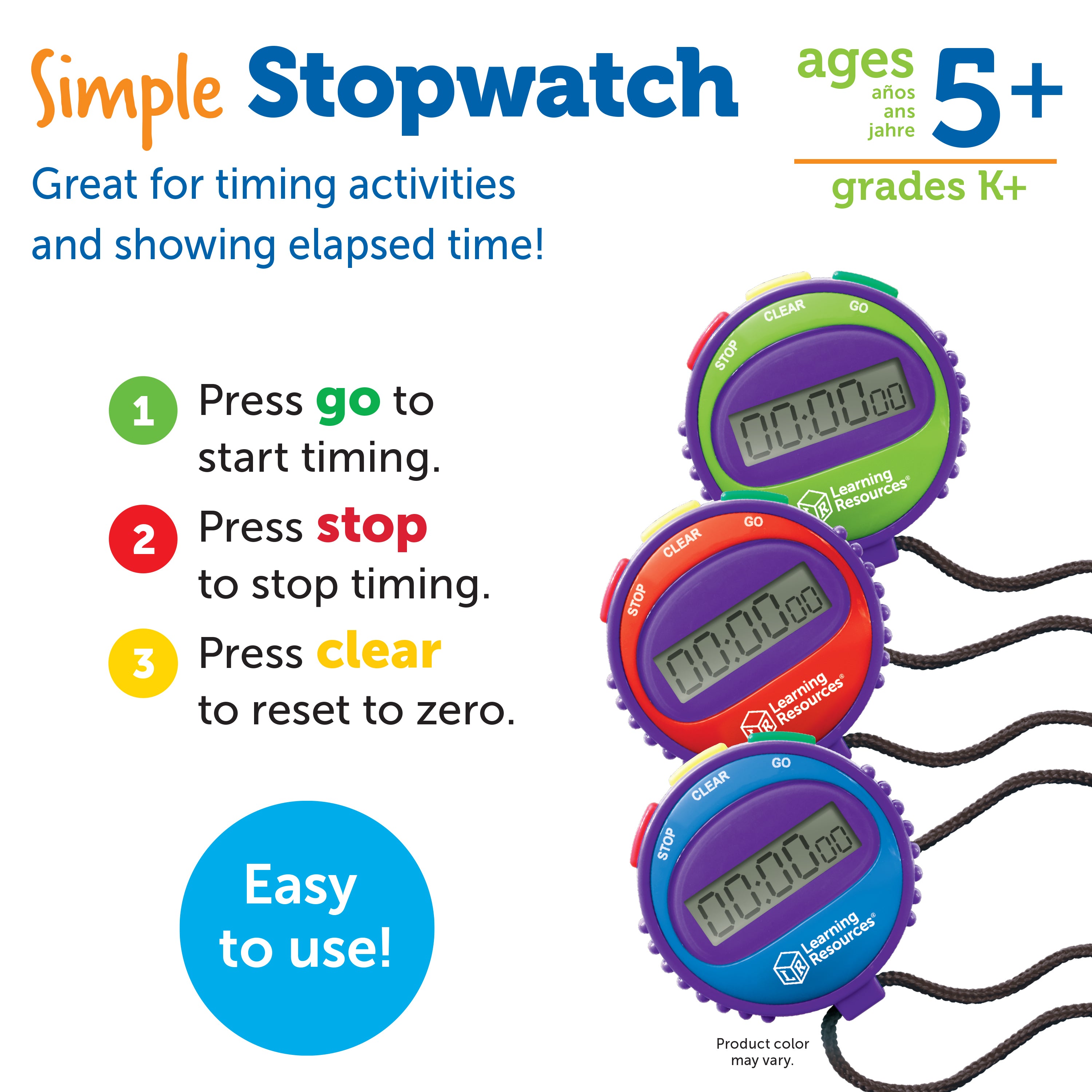Learning Resources Simple Stopwatch, Easy-to-Use Timer for Kids with Large Digital Display (Ages 5+)