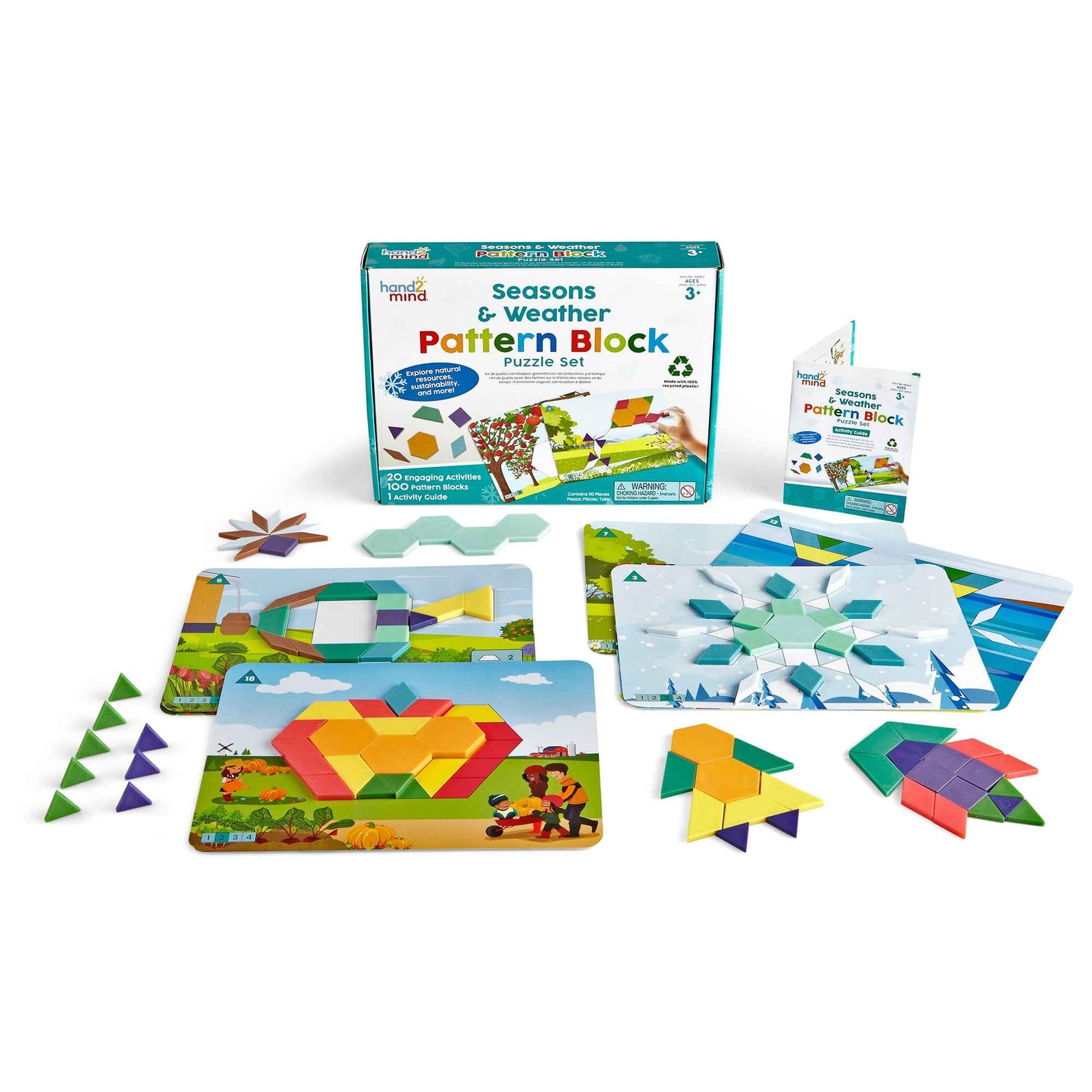 Learning Resources Seasons & Weather Pattern Block Puzzle Set, 100 Pattern Blocks, 10 Double-Sided Puzzle Cards, STEM Learning & Sustainability Concepts, Ages 5+