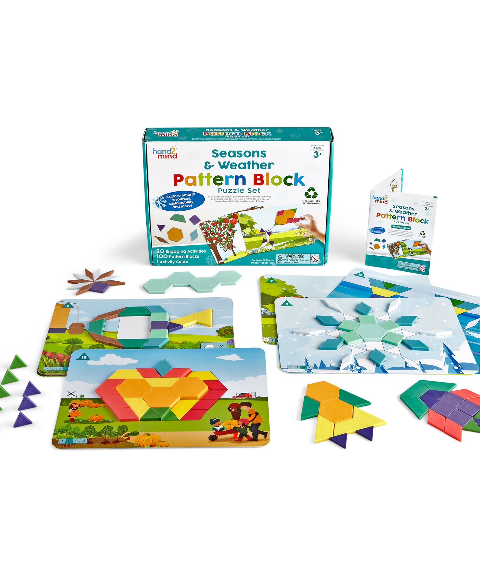 Learning Resources Seasons & Weather Pattern Block Puzzle Set, 100 Pattern Blocks, 10 Double-Sided Puzzle Cards, STEM Learning & Sustainability Concepts, Ages 5+