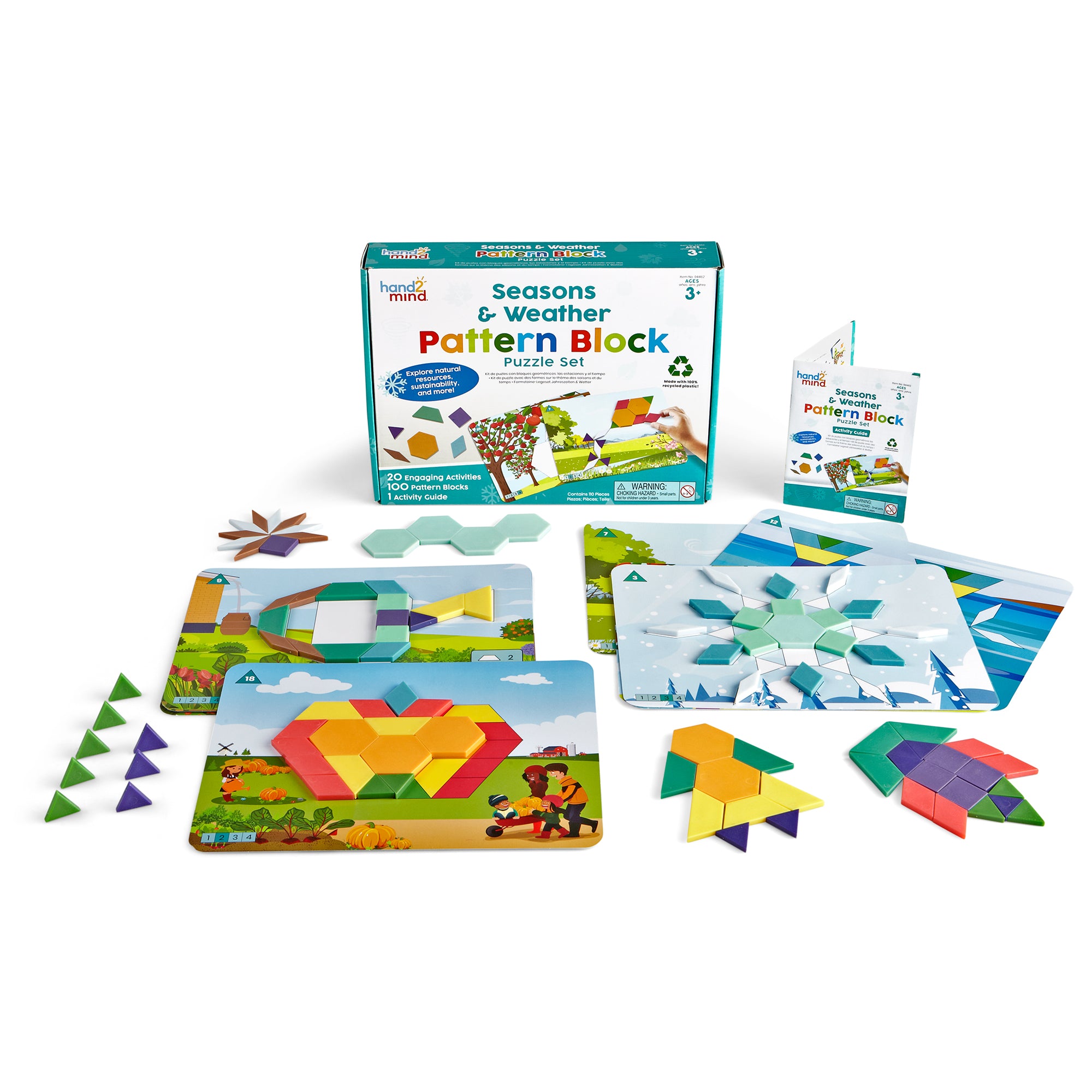 Learning Resources Seasons & Weather Pattern Block Puzzle Set, 100 Pattern Blocks, 10 Double-Sided Puzzle Cards, STEM Learning & Sustainability Concepts, Ages 5+