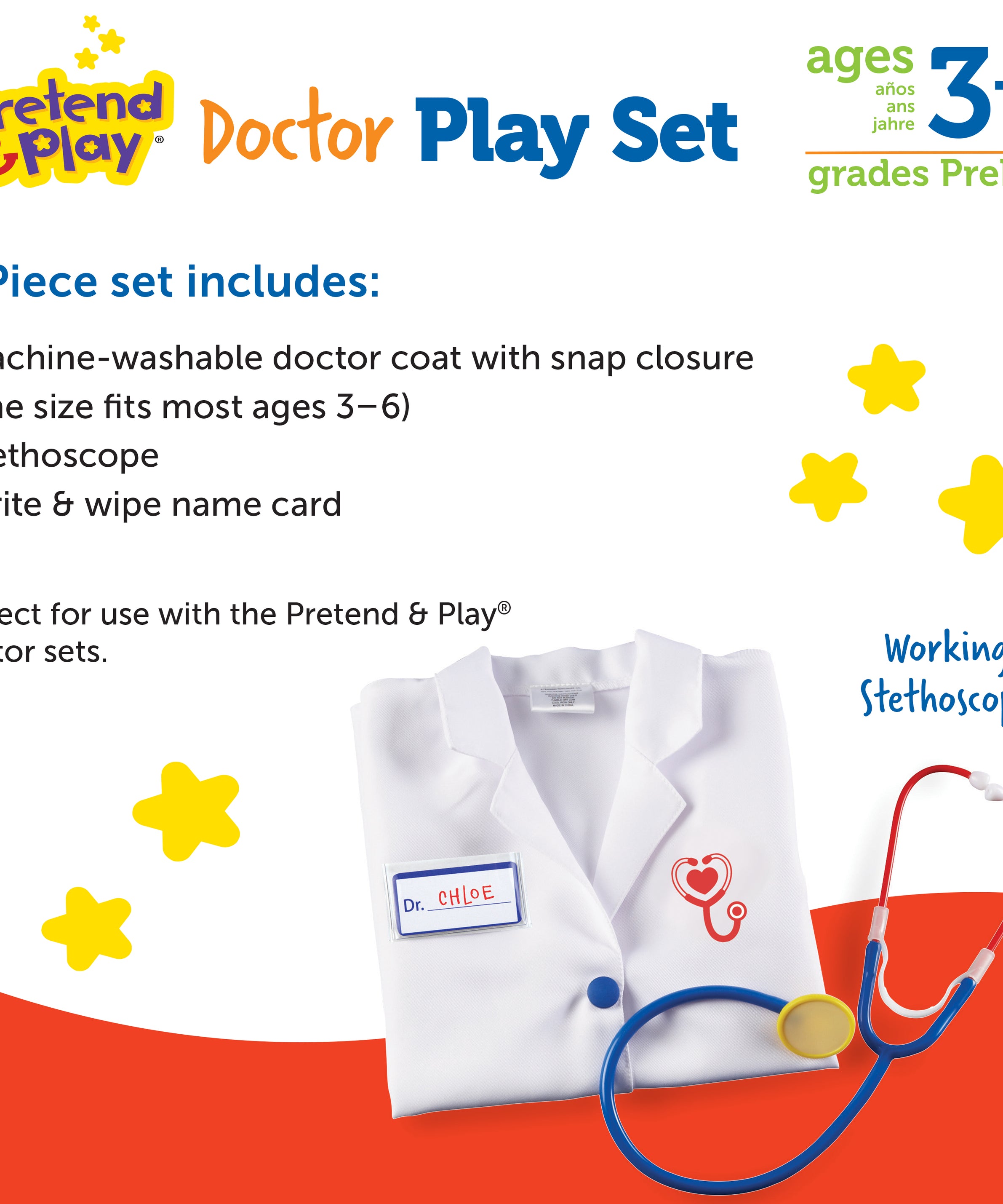 Learning Resources Doctor Play Set, Kids Doctor Costume with Coat, Stethoscope & Name Badge, Pretend Play Dress-Up for Ages 36