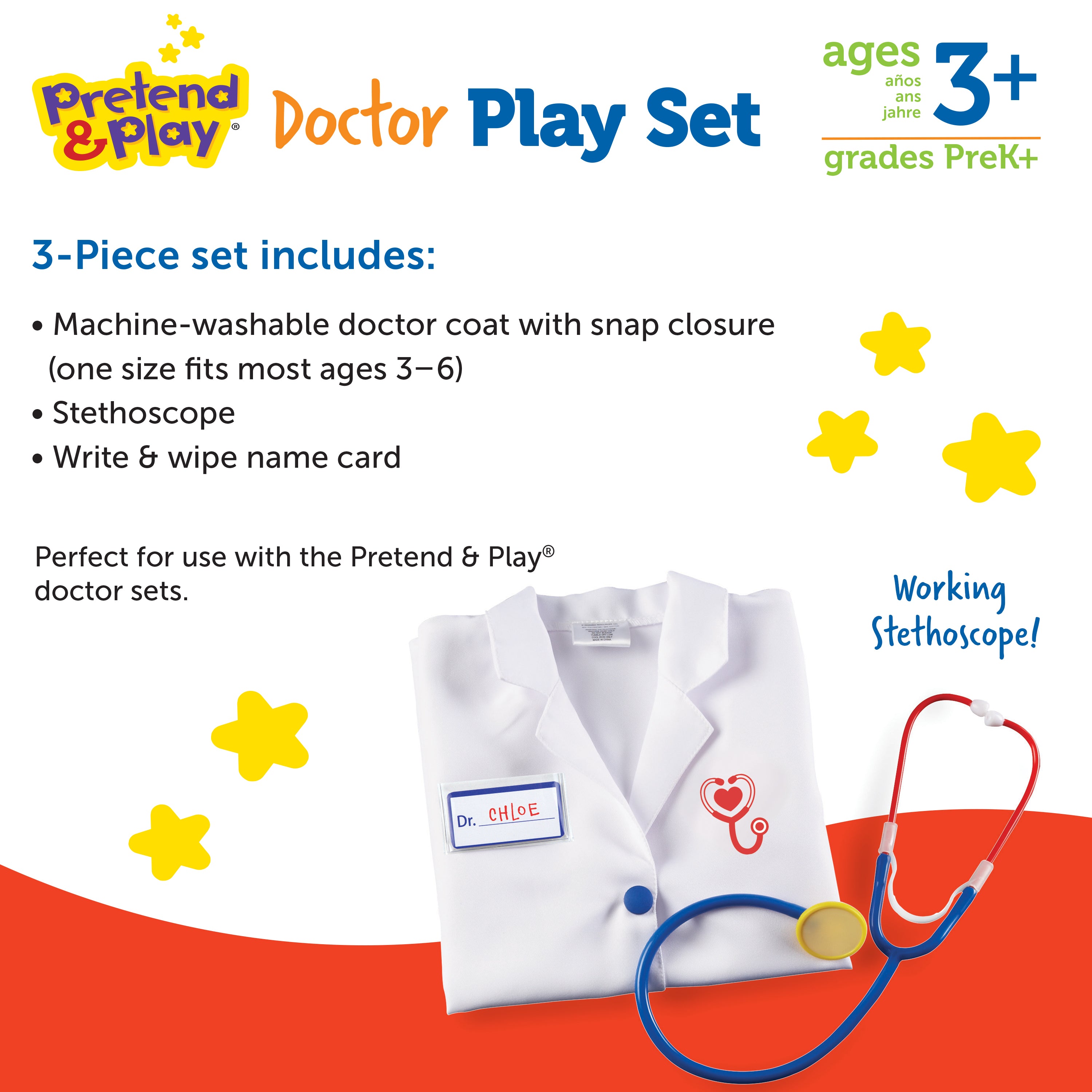 Learning Resources Doctor Play Set, Kids Doctor Costume with Coat, Stethoscope & Name Badge, Pretend Play Dress-Up for Ages 36