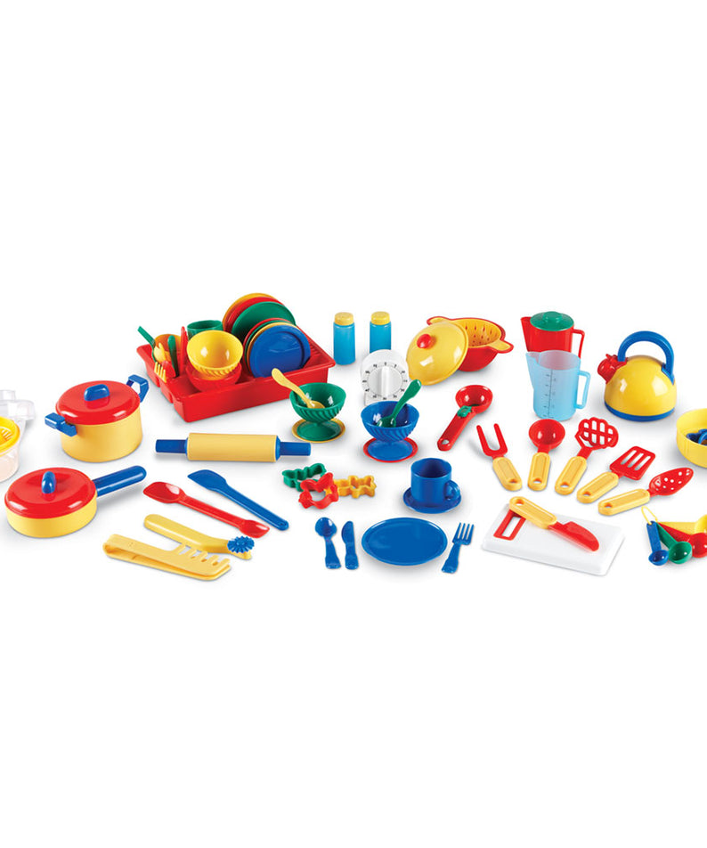 Learning Resources Kitchen Set, 70+ Piece Pretend Play Cooking Set, Durable Plastic Toy Pots, Pans, Utensils & More, Ideal for Imaginative Play & Small Group Activities, Ages 3+