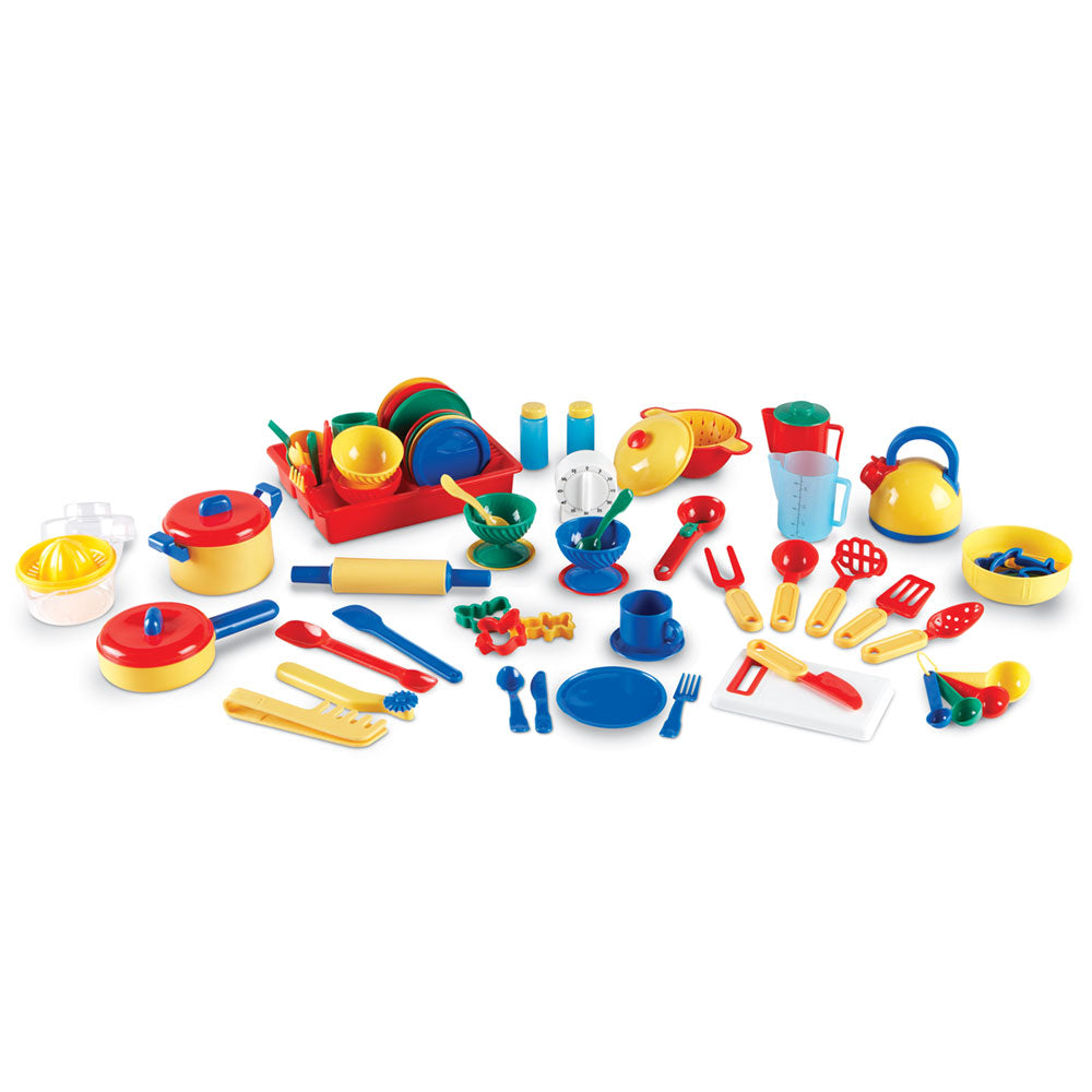 Learning Resources Kitchen Set, 70+ Piece Pretend Play Cooking Set, Durable Plastic Toy Pots, Pans, Utensils & More, Ideal for Imaginative Play & Small Group Activities, Ages 3+