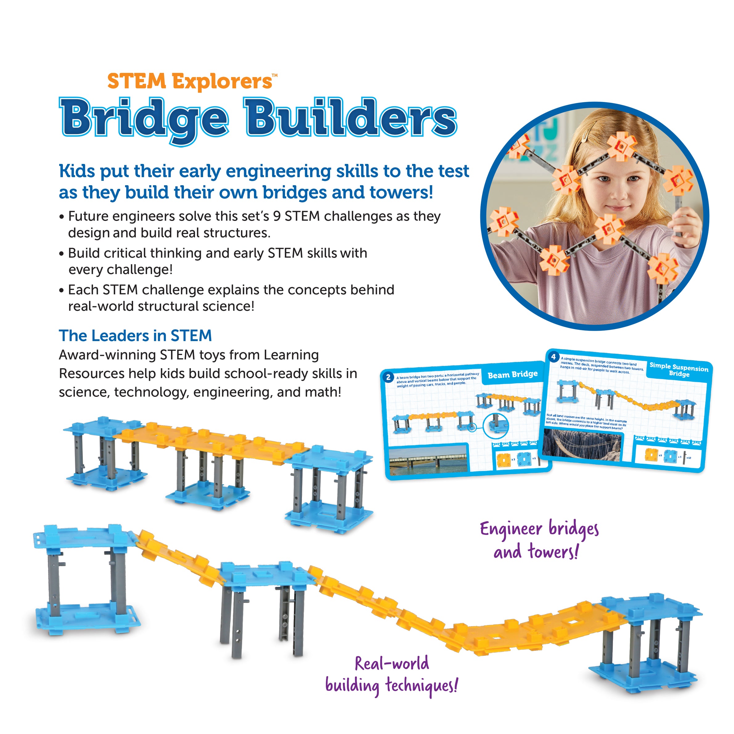 Learning Resources STEM Explorers Bridge Builders, STEM Toys for Kids Ages 5+, Build Bridges and Towers, 9 Engineering Challenges, Critical Thinking Skills, 62 Pieces, Activity Cards