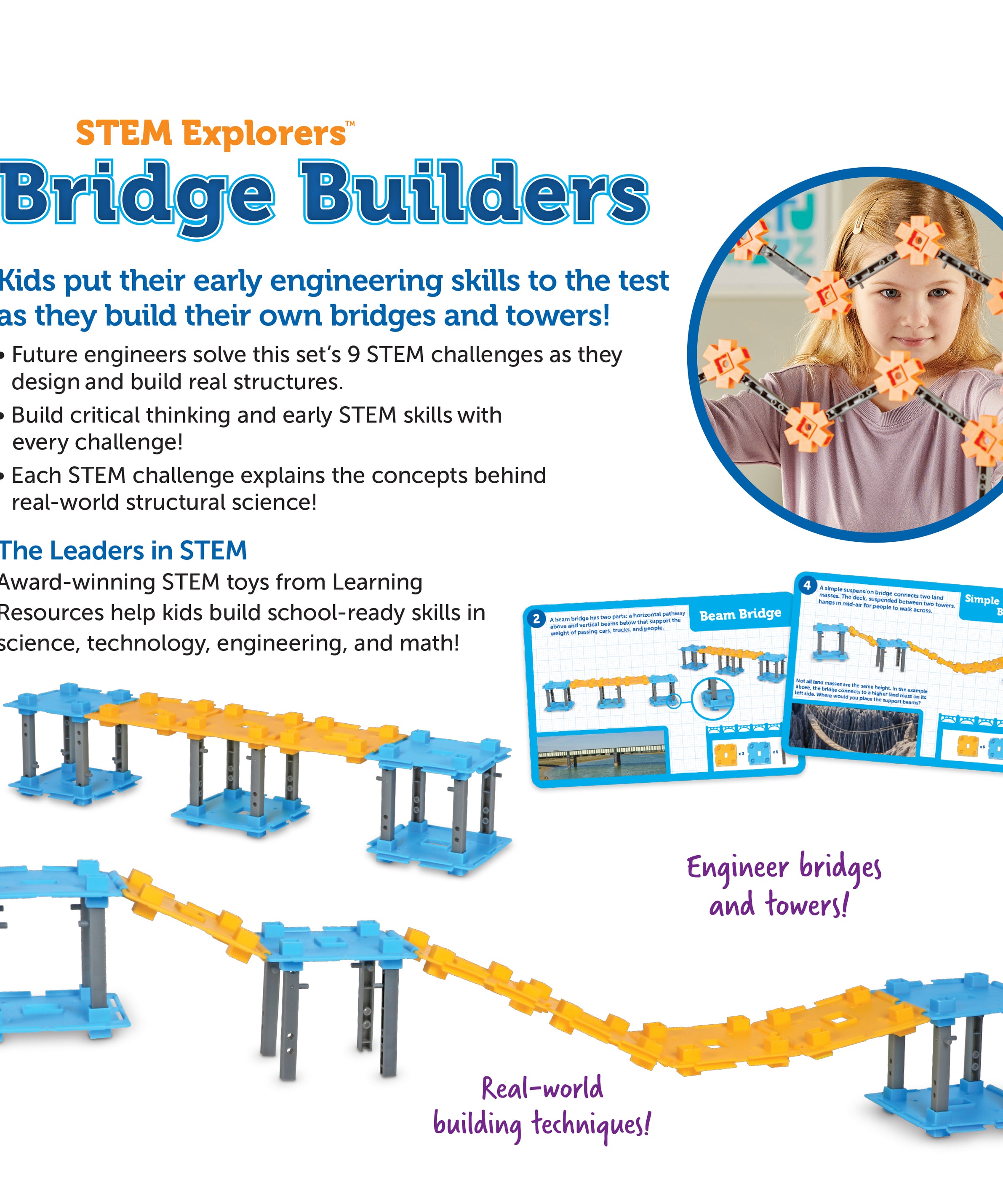 Learning Resources STEM Explorers Bridge Builders, STEM Toys for Kids Ages 5+, Build Bridges and Towers, 9 Engineering Challenges, Critical Thinking Skills, 62 Pieces, Activity Cards