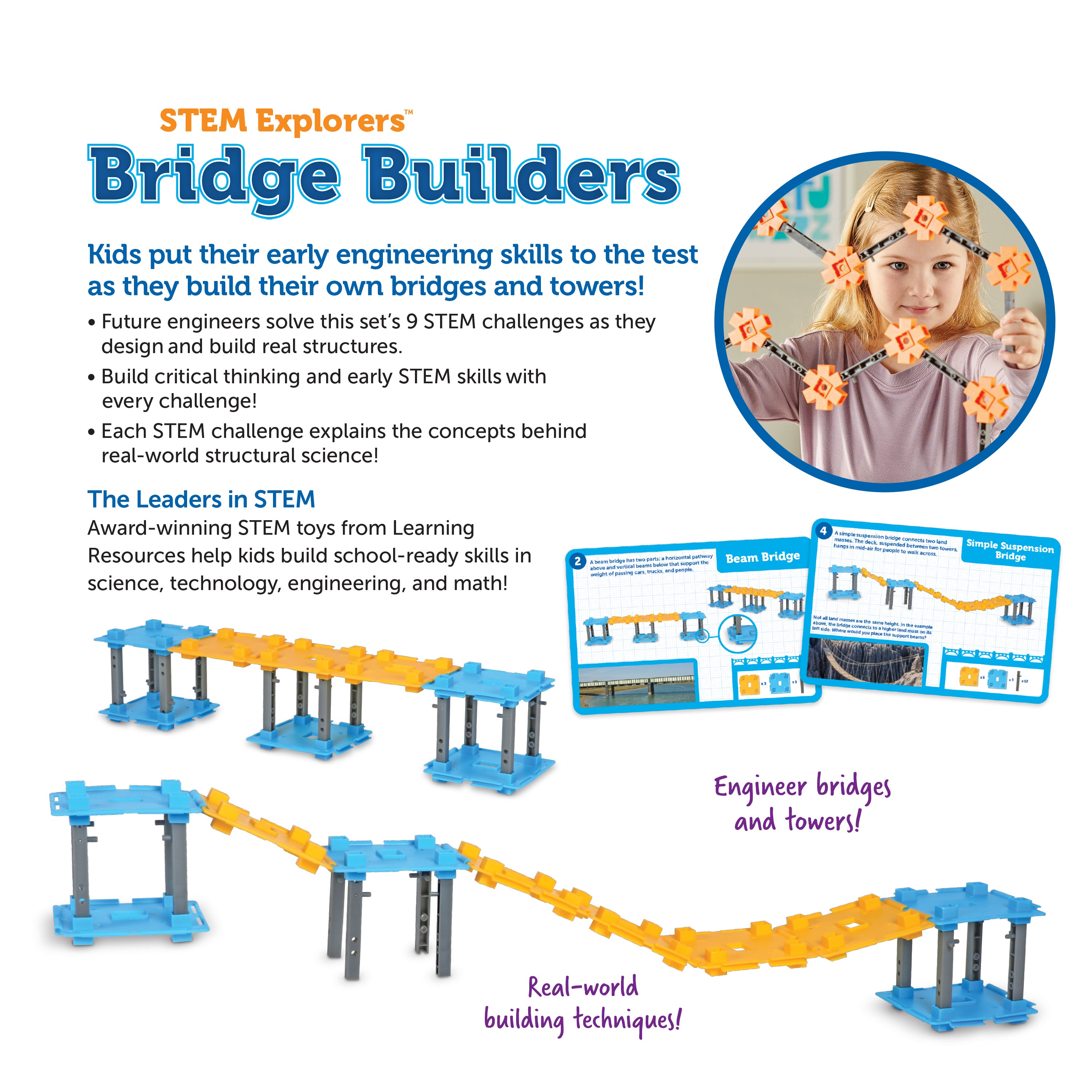 Learning Resources STEM Explorers Bridge Builders, STEM Toys for Kids Ages 5+, Build Bridges and Towers, 9 Engineering Challenges, Critical Thinking Skills, 62 Pieces, Activity Cards