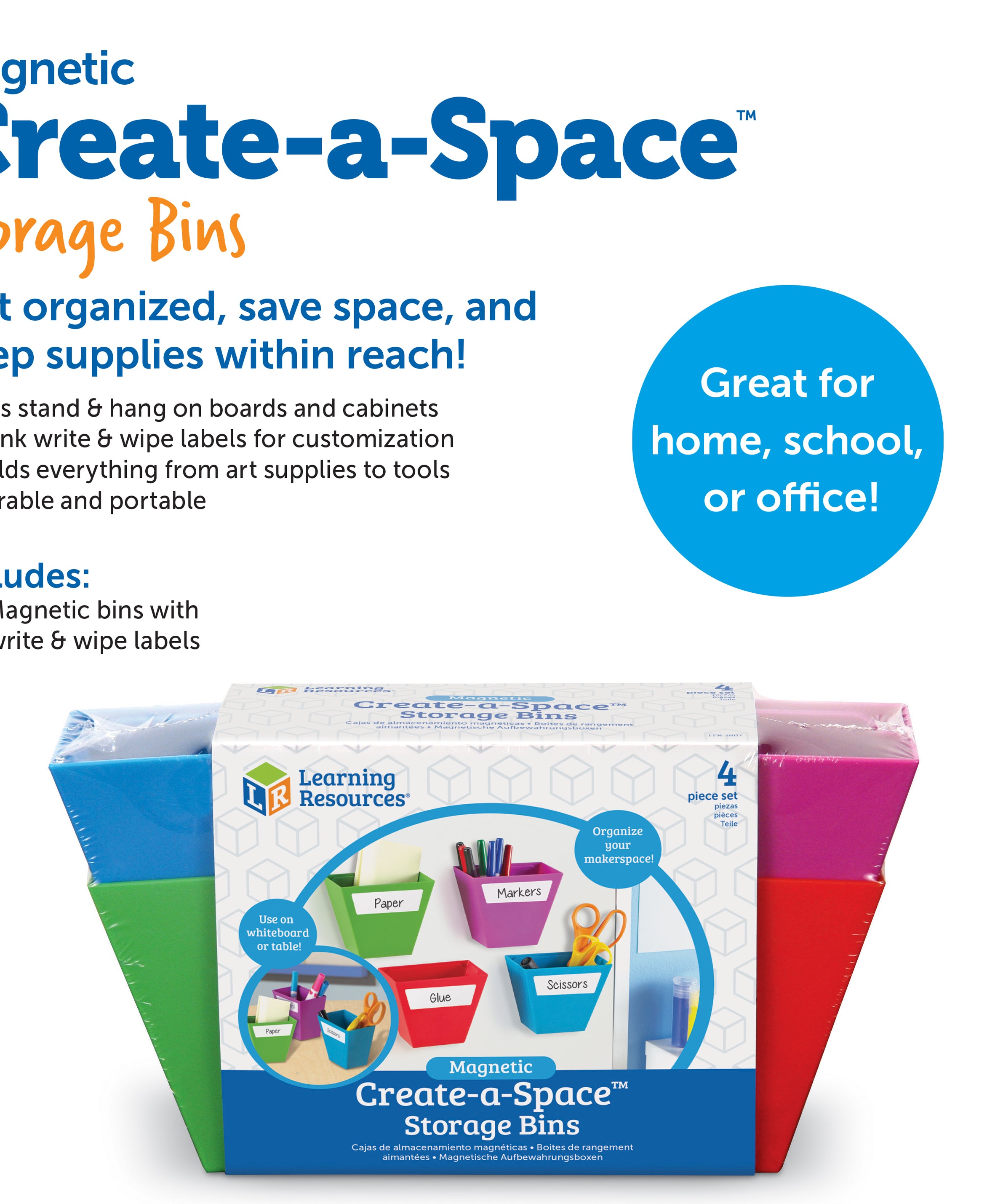 Learning Resources Magnetic Create-a-Space Storage Bins (Set of 4), Vibrant, Multi-Compartment Organizers for Classroom, Office, or Homework Station, Includes Wipe-Clean Labels (9cm x 5cm Each)