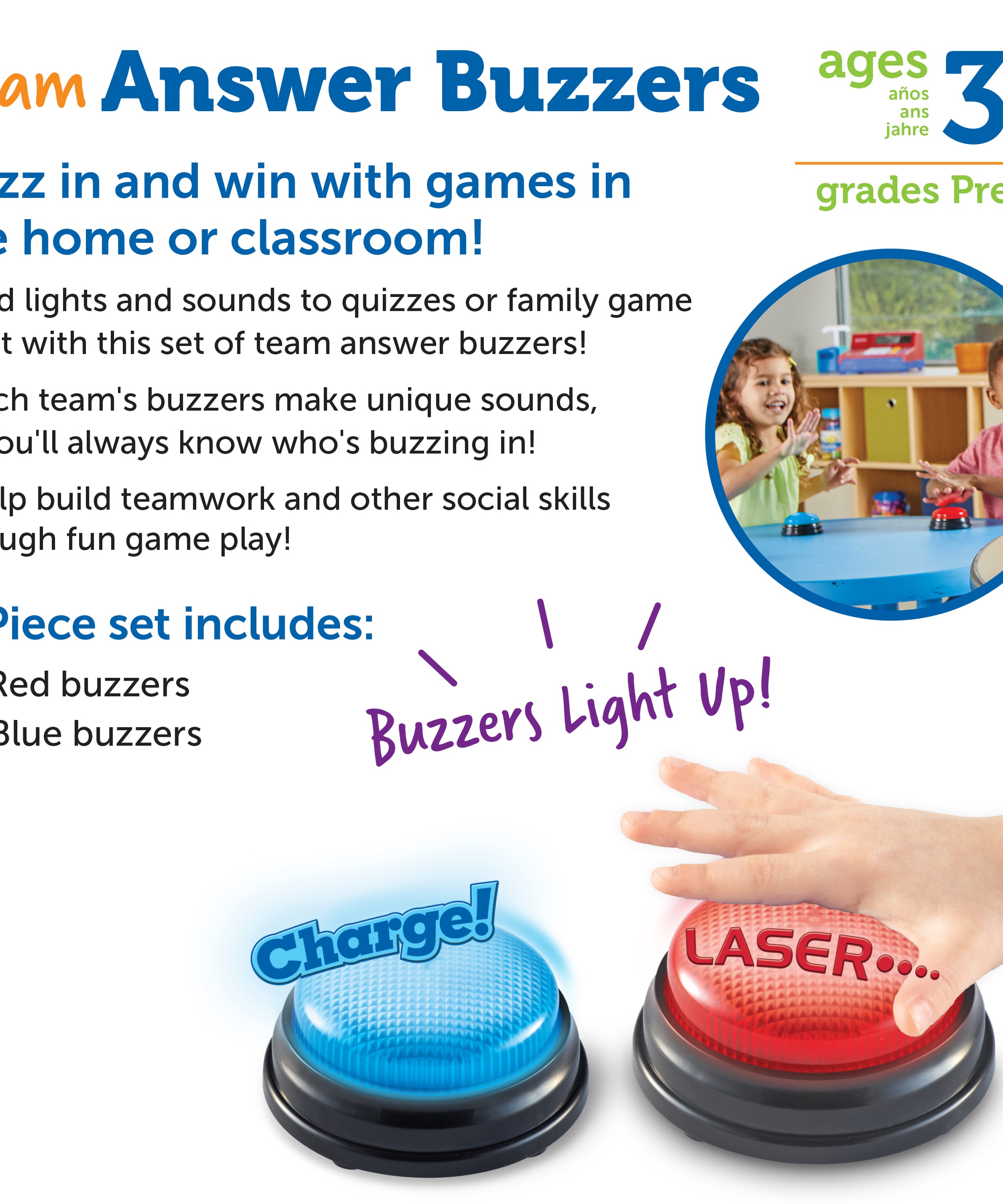 Learning Resources Team Answer Buzzers, Set of 8 Red and Blue Light-Up Buzzers with Unique Sounds, Game Show Buzzers for Team Play, Ages 3+