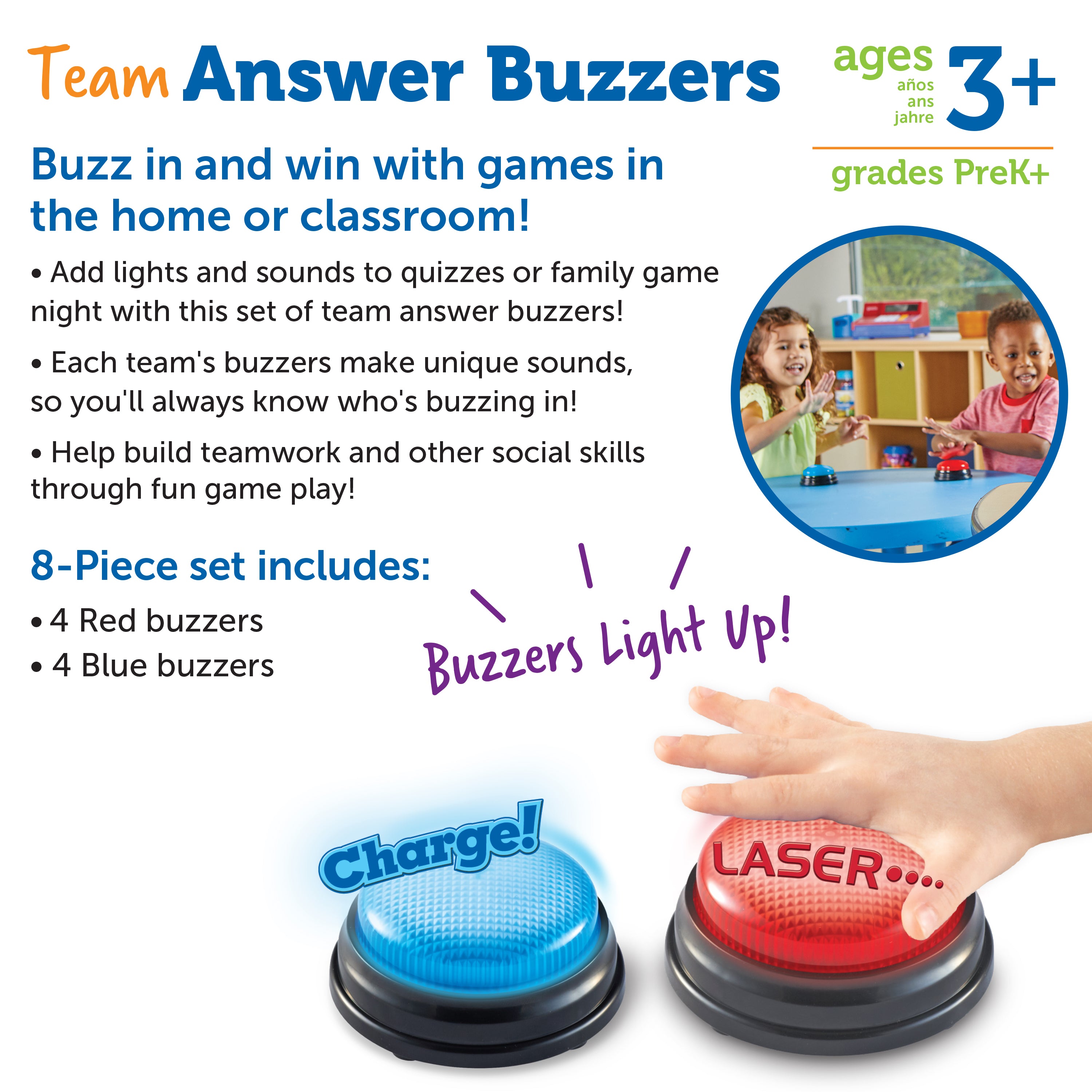 Learning Resources Team Answer Buzzers, Set of 8 Red and Blue Light-Up Buzzers with Unique Sounds, Game Show Buzzers for Team Play, Ages 3+