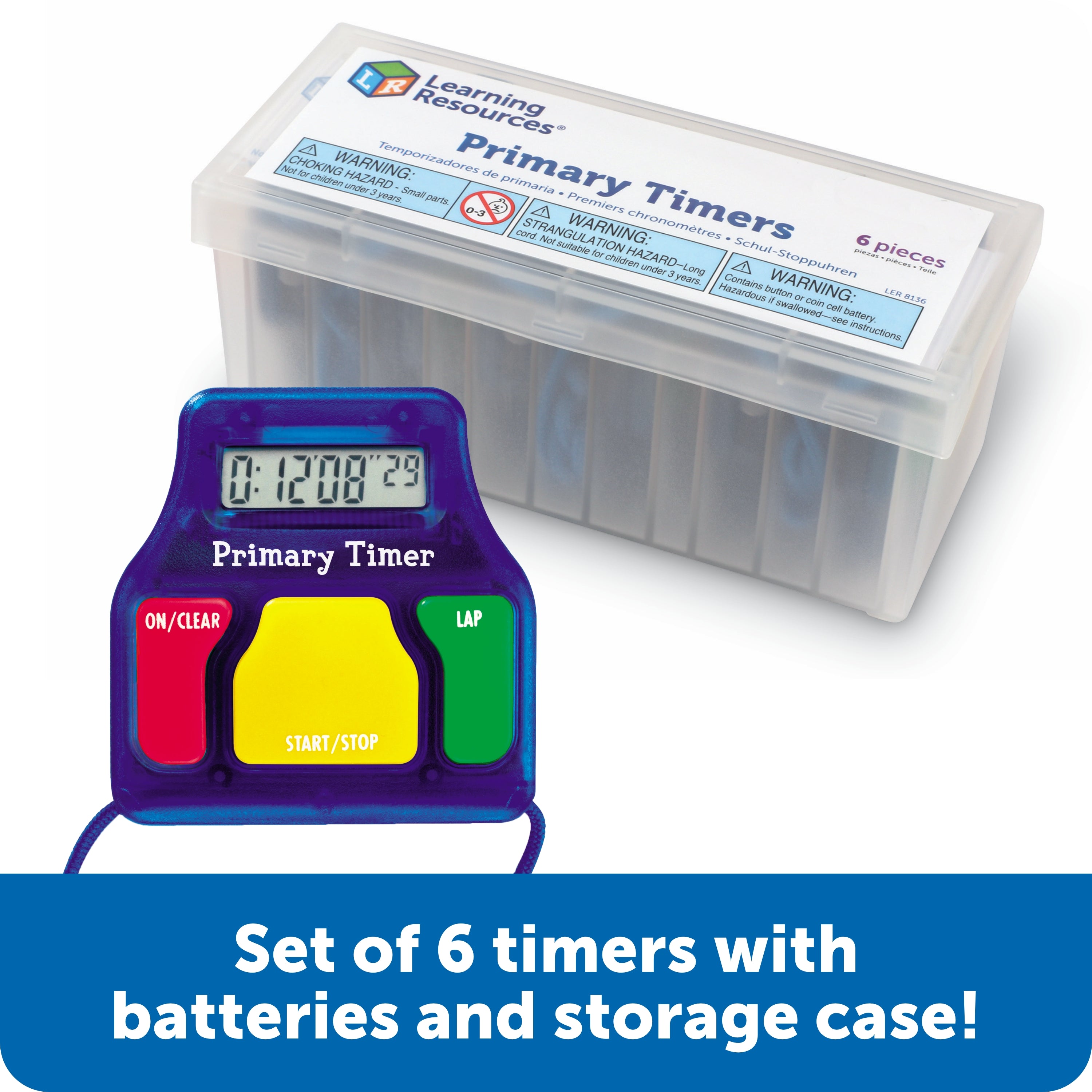 Learning Resources Primary Timers (Set of 6), Easy-to-Use Stopwatch with Lap Function, Includes Safety Release Lanyard and Storage Case, 1.5V Button-Cell Battery Included, For Ages 3+