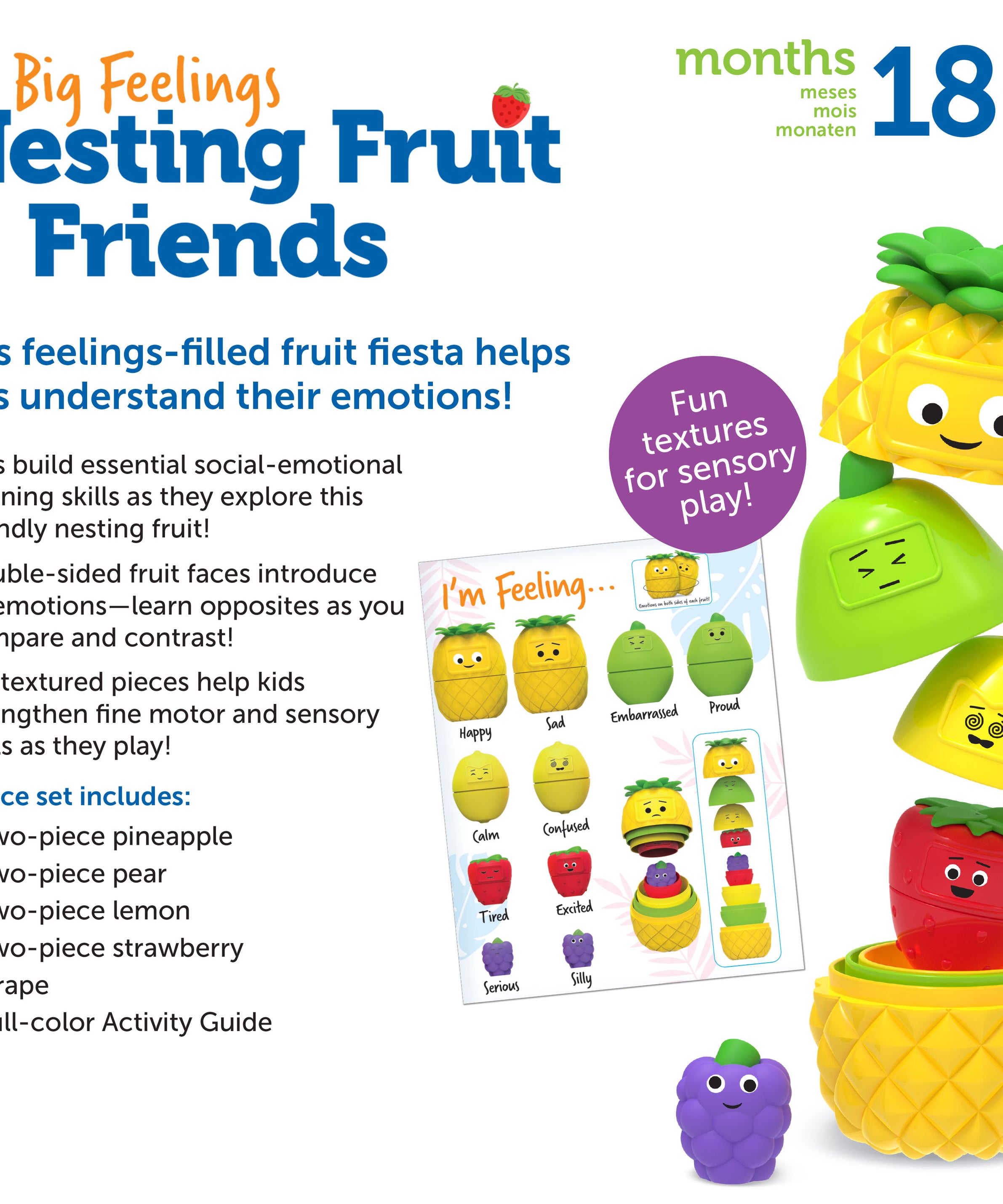 Learning Resources Big Feelings Nesting Fruit Friends, Social Emotional Learning & Sensory Play Toy, 9-Piece Nesting Set with Textured Fruit & Emotions, Ages 18 Months+