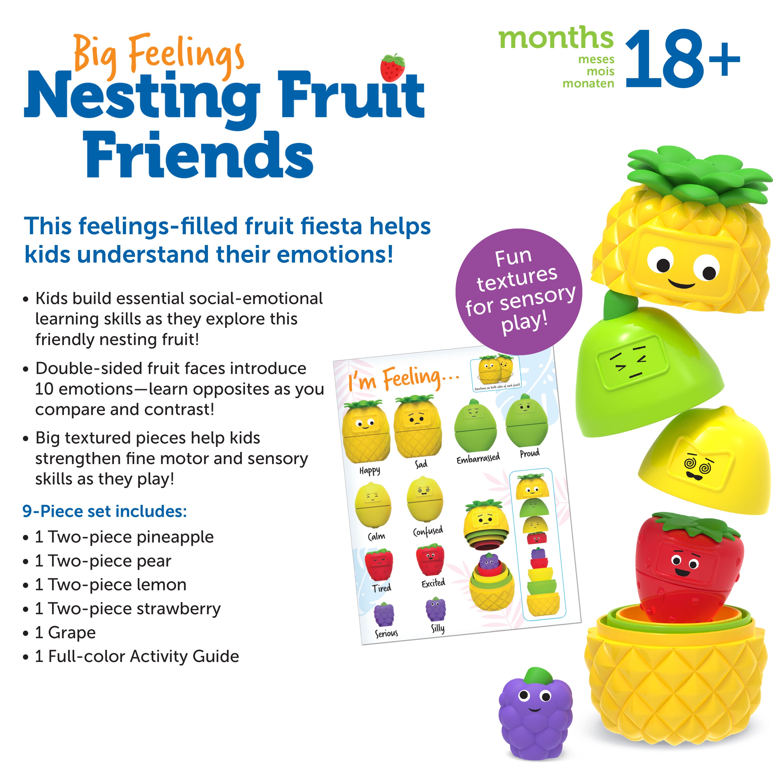 Learning Resources Big Feelings Nesting Fruit Friends, Social Emotional Learning & Sensory Play Toy, 9-Piece Nesting Set with Textured Fruit & Emotions, Ages 18 Months+