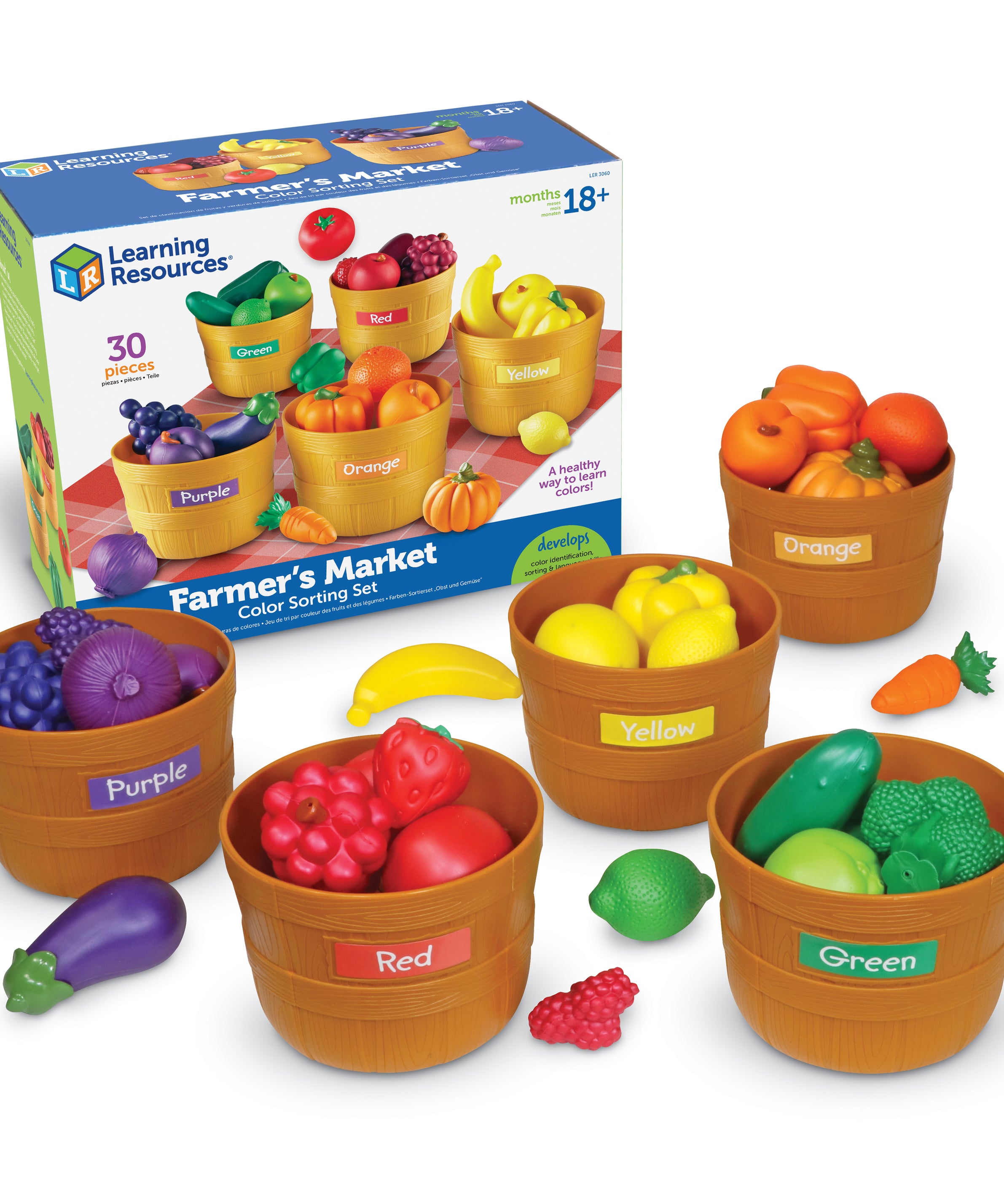 Learning Resources Farmer's Market Food Sorting Set, 25-Piece Toy Fruit & Vegetable Set for Role Play, Sorting, and Colour Recognition, Ideal for Kids Aged 3+