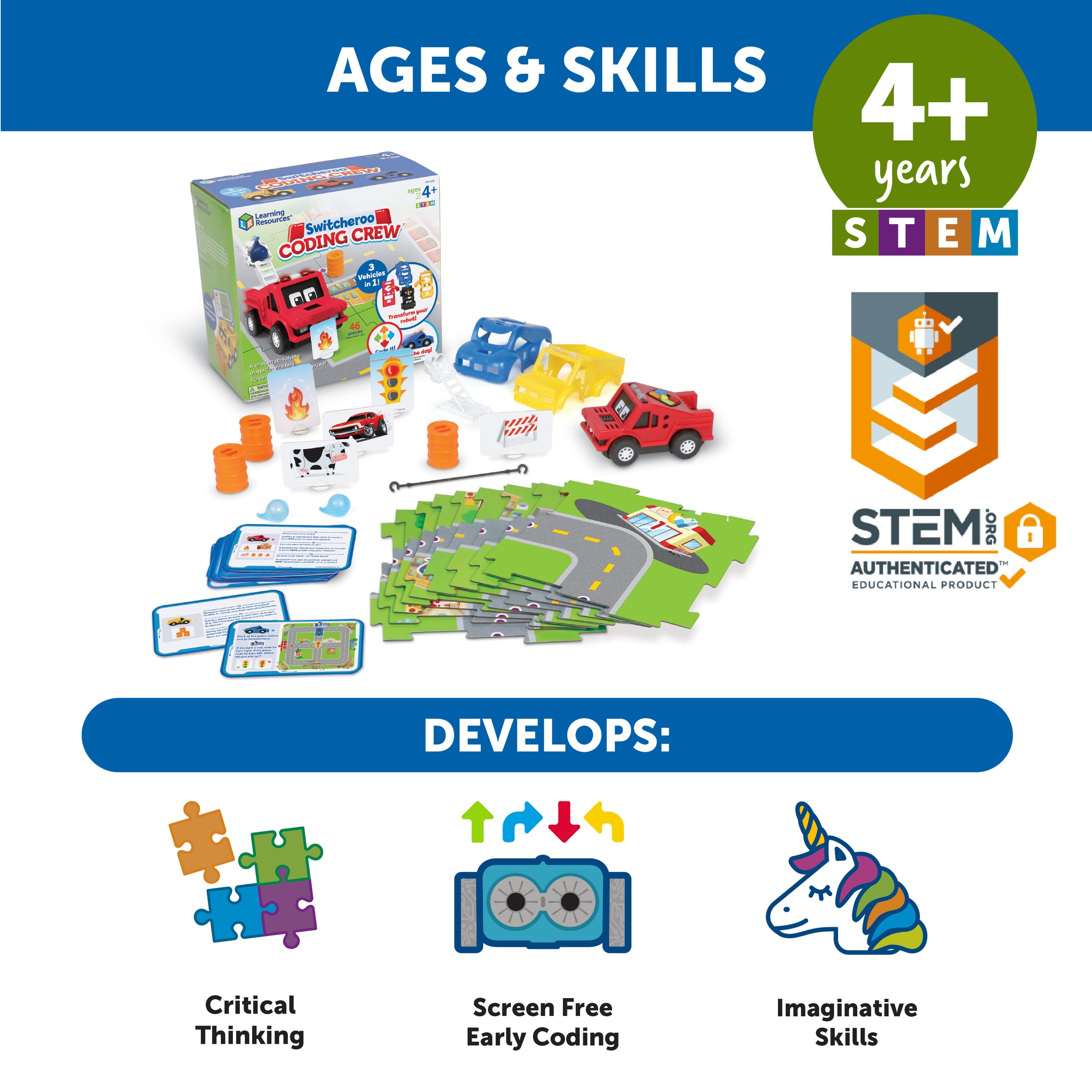Learning Resources Switcheroo Coding Crew, 3-in-1 Screen-Free Coding Robot for Kids, Preschool STEM Toy with Interchangeable Vehicle Shells and Rescue Missions, Ages 4+