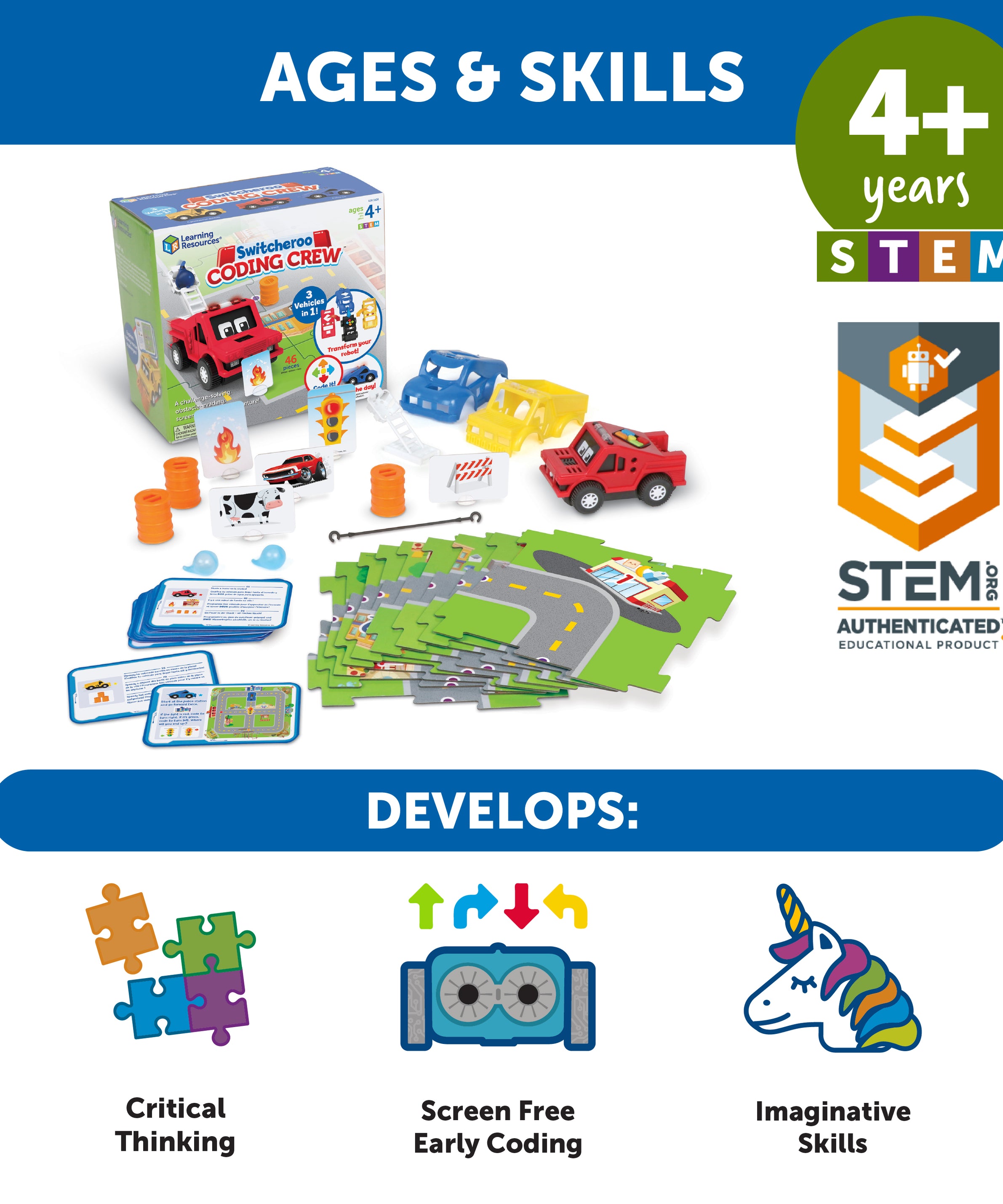 Learning Resources Switcheroo Coding Crew, 3-in-1 Screen-Free Coding Robot for Kids, Preschool STEM Toy with Interchangeable Vehicle Shells and Rescue Missions, Ages 4+