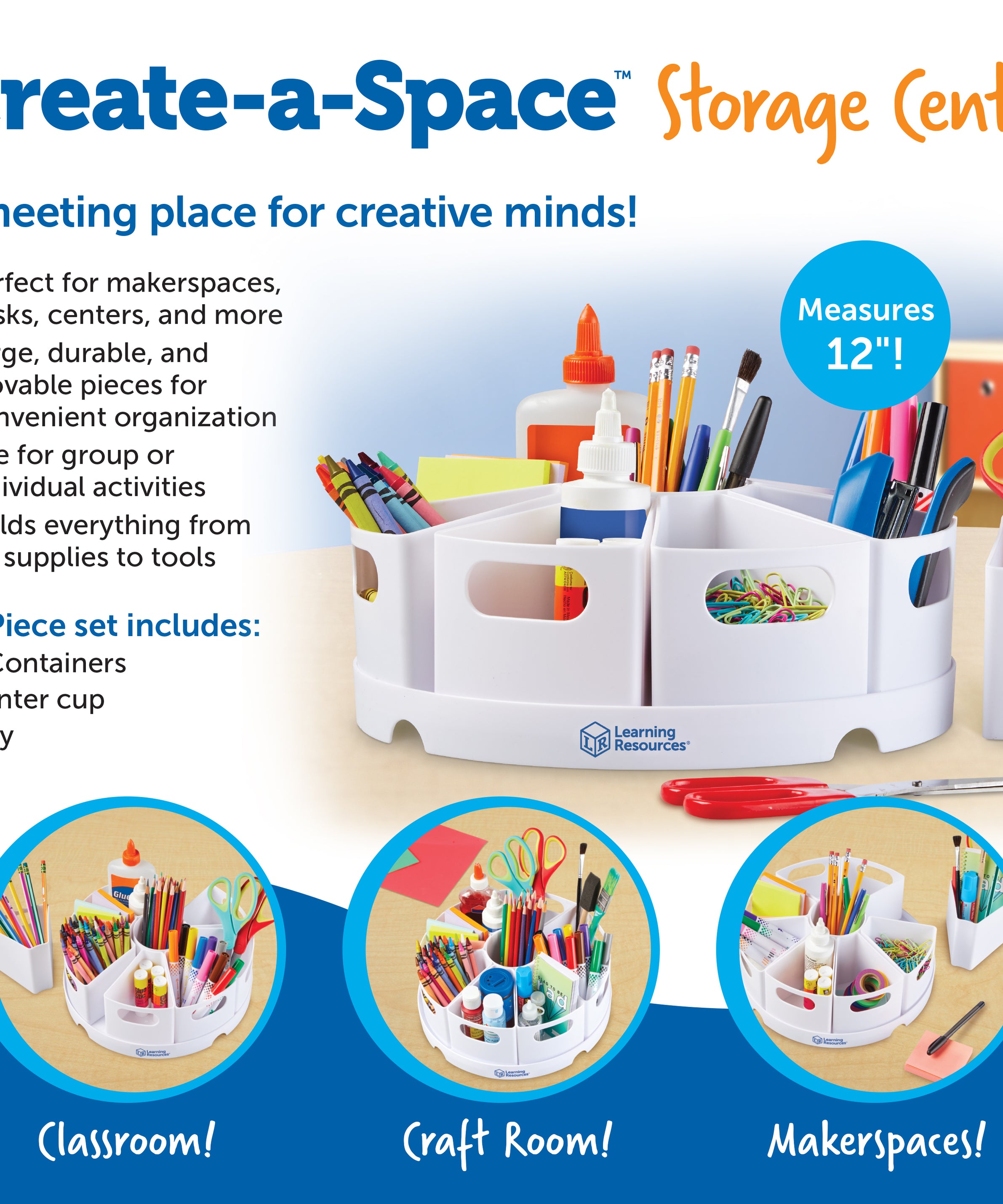 Learning Resources Create-a-Space Storage Centre, White, Rotating Desk Organizer with 8 Removable Containers, Classroom and Home Office Storage Solution