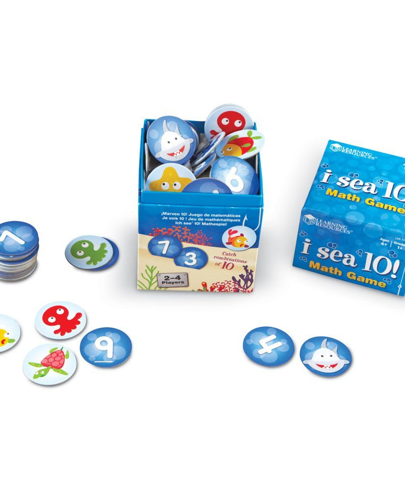 Learning Resources I Sea 10! Math Game, Fun Family Game for Practicing Number Bonds to Ten, Includes 90 Number Cards & 10 Shark Cards, Great Early Math Skills Activity, For Ages 6+, Sea-Themed Container