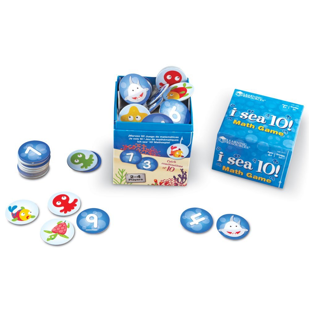 Learning Resources I Sea 10! Math Game, Fun Family Game for Practicing Number Bonds to Ten, Includes 90 Number Cards & 10 Shark Cards, Great Early Math Skills Activity, For Ages 6+, Sea-Themed Container