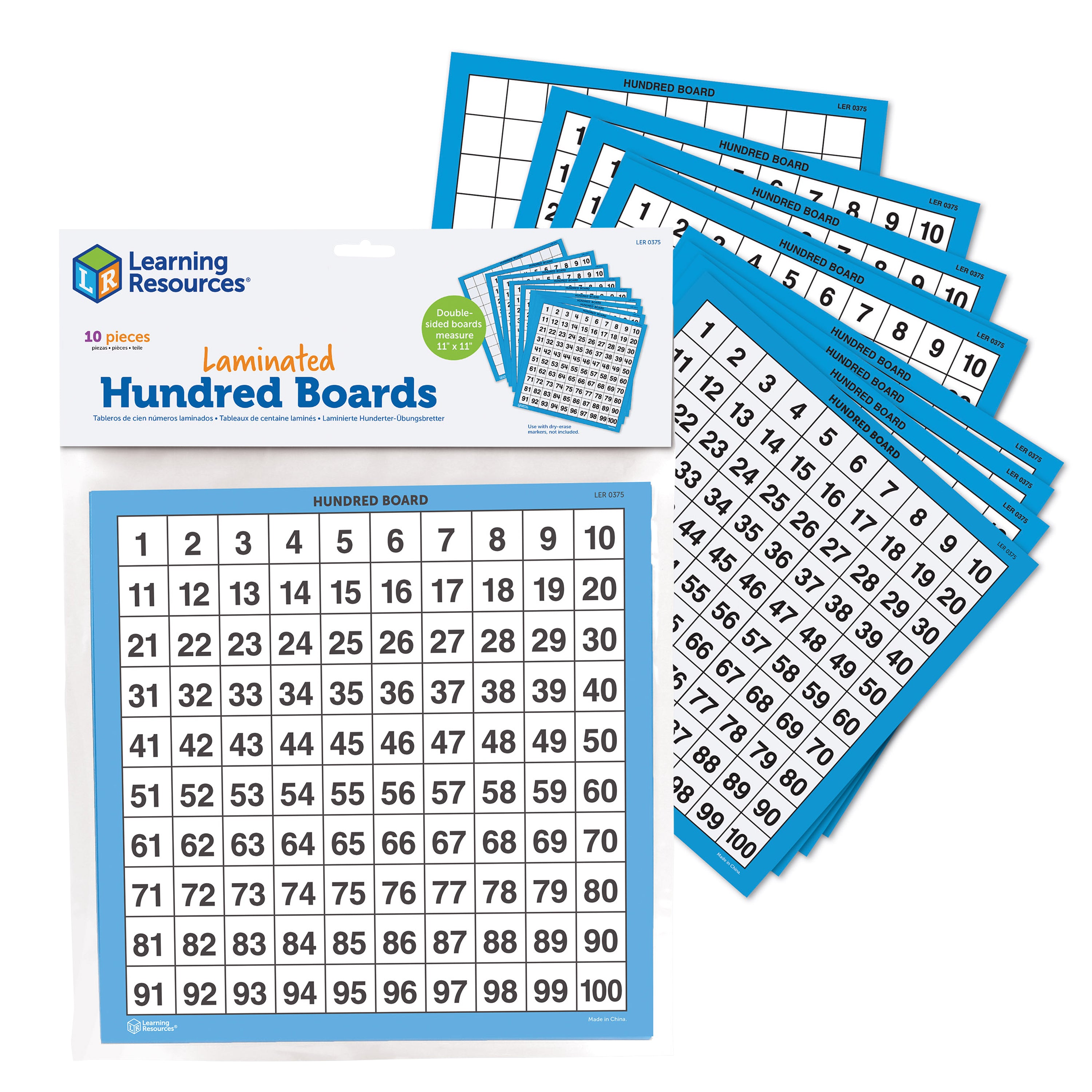 Learning Resources Laminated Hundred Boards, Set of 10 Double-Sided Dry-Erase Grids, 1100 Counting Aid for Kids, Ages 5+