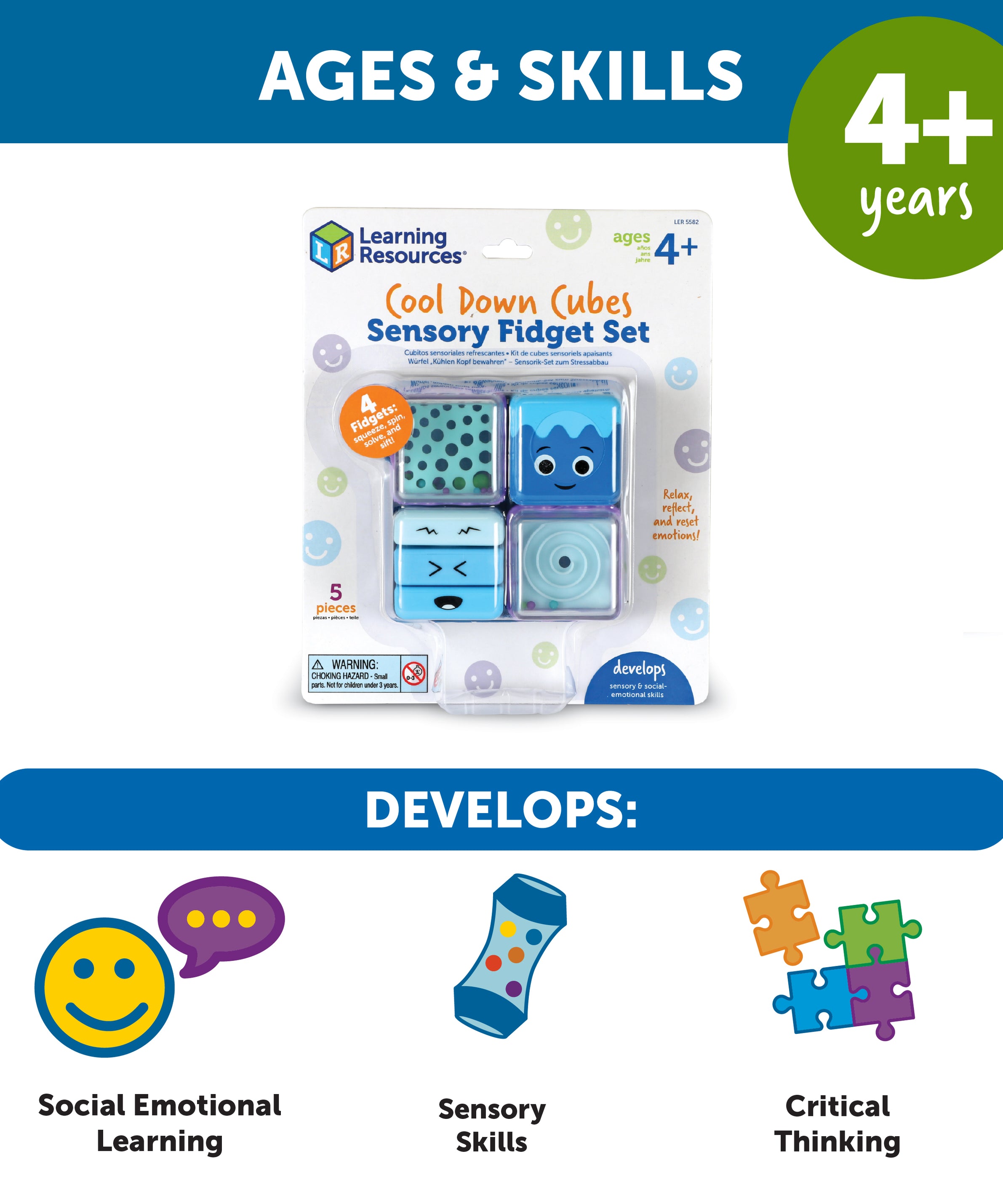 Learning Resources Cool Down Sensory Cubes, Set of 4 Calming Fidget Toys with Tray for Emotional Regulation and Focus, Ages 4 Plus